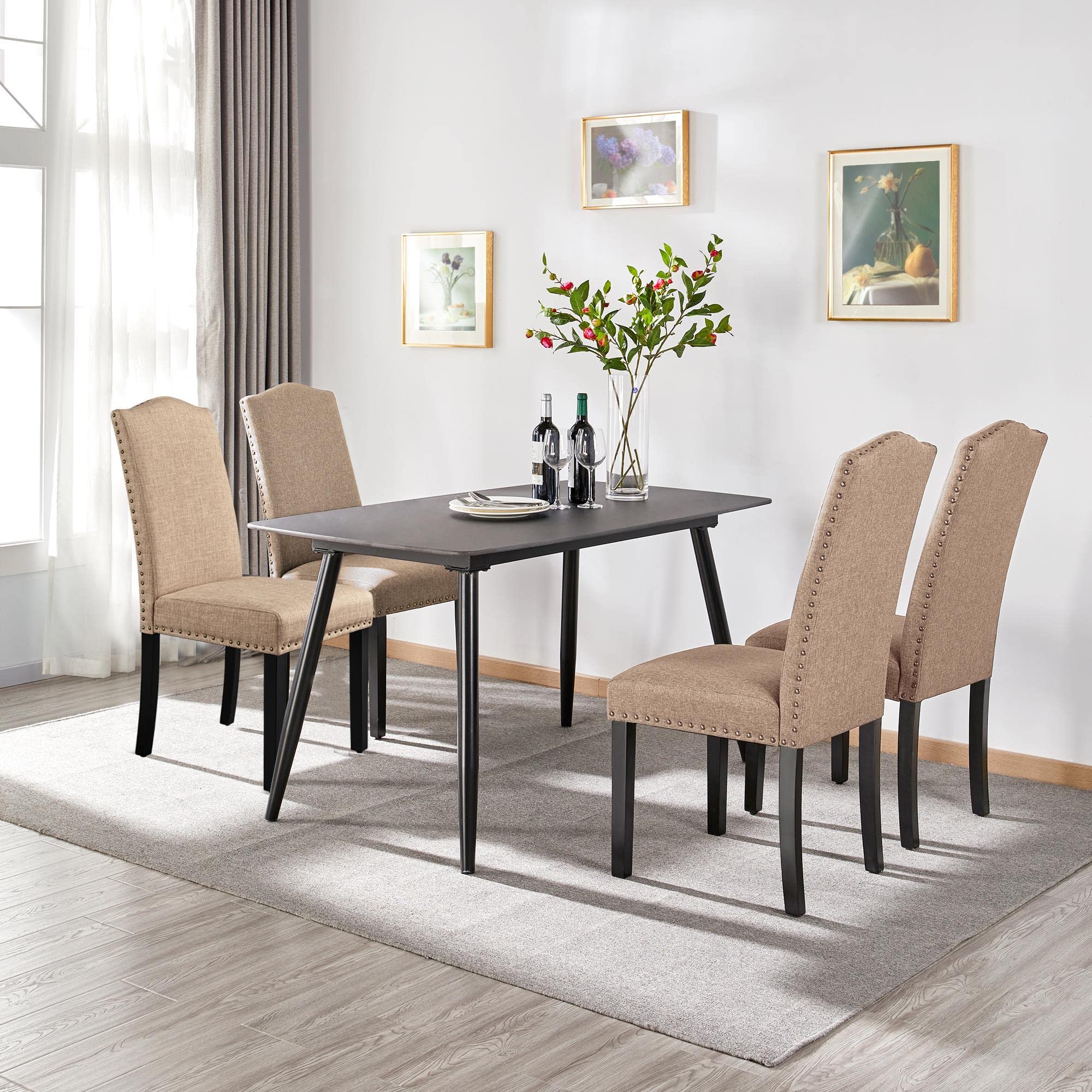 Yaheetech Set of 2 Upholstered Parsons Dining Chairs with Rubber Wood Legs & Nailhead Trim - Fabric Side Chairs for Kitchen, Living Room & Dining Room - Comfortable Seating for Family Meals, Entertaining Guests & Home Decor (Khaki)
