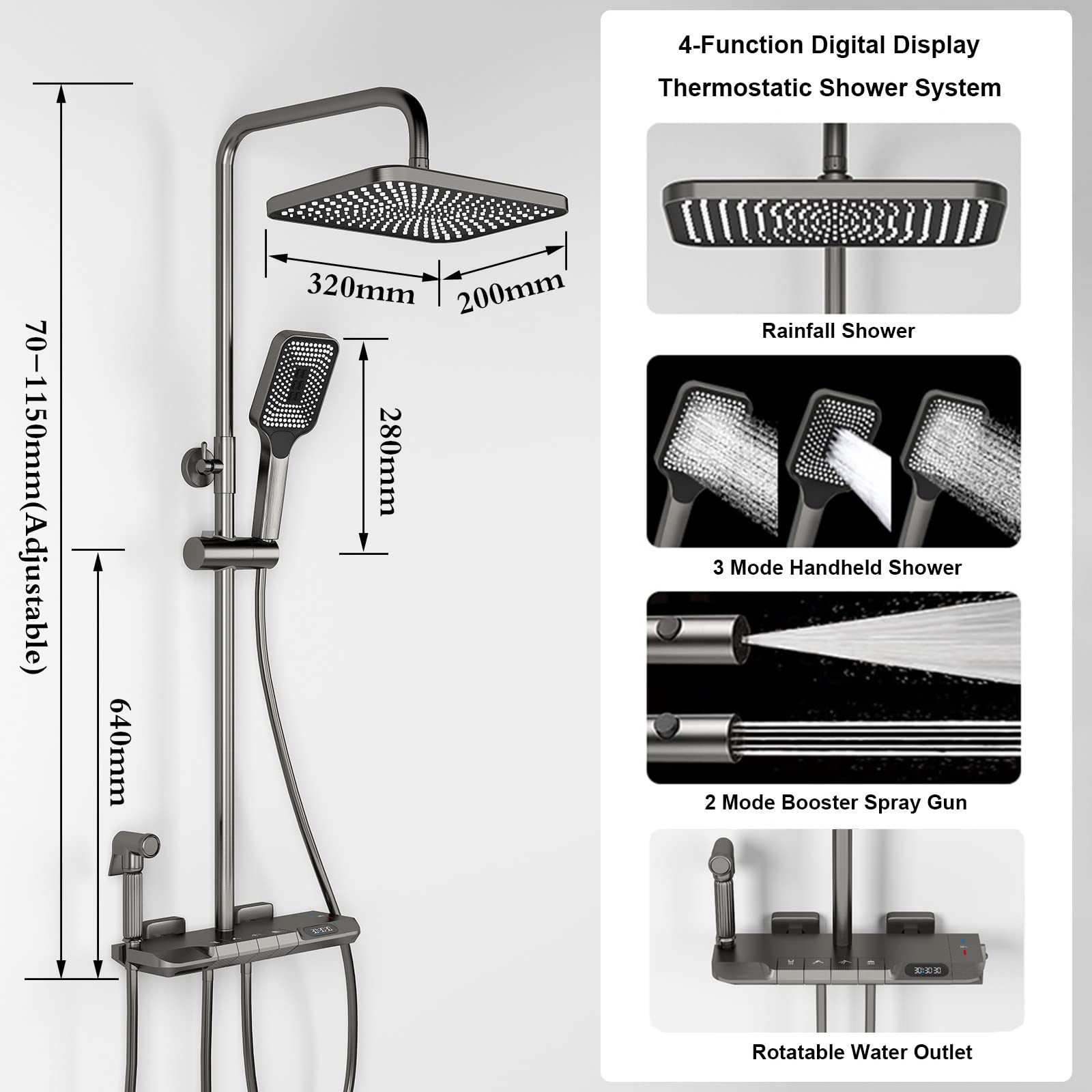 Boyuan Thermostatic Smart Digital Shower System - 4 Way High Pressure Balance Valve Kit with 12