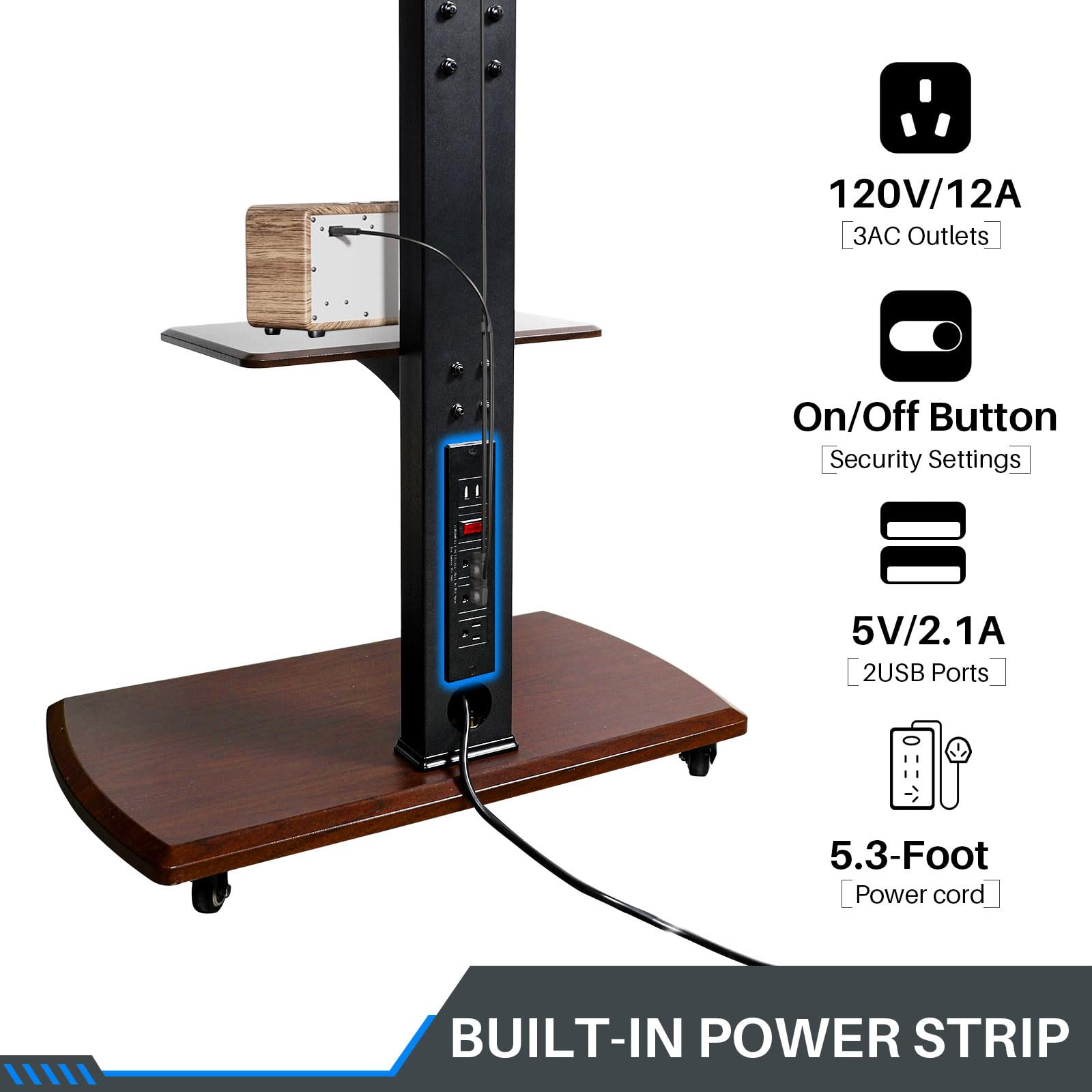 Adjustable Mobile TV Stand on Wheels for 32-80 Inch Flat/Curved TVs - Rolling TV Cart with Power Outlet, Height Adjustable, Supports 130 lbs & VESA 650x500mm - Perfect for Living Room, Bedroom, or Office (Brown)