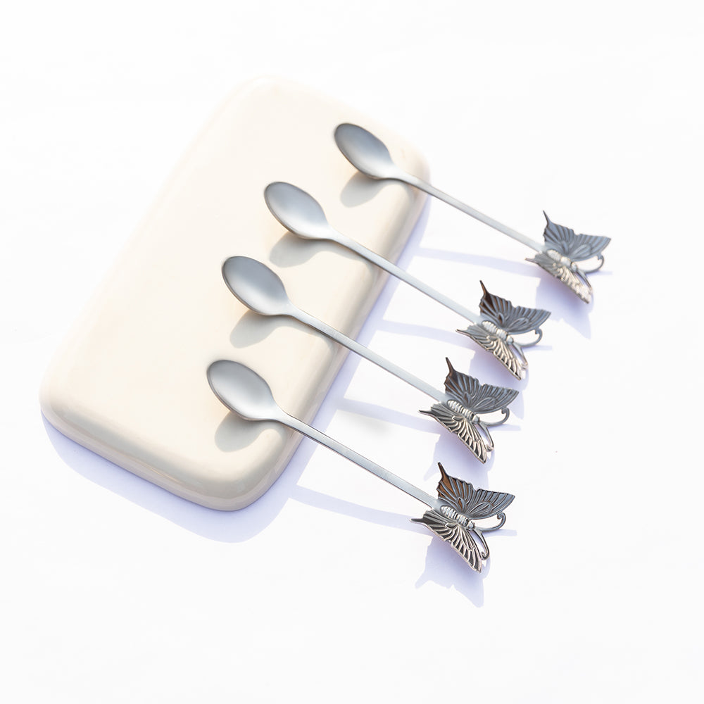 4-Piece Elegant Butterfly Silver Tea Spoon Set - Perfect for Afternoon Tea, Bridal Showers, and Elegant Dining