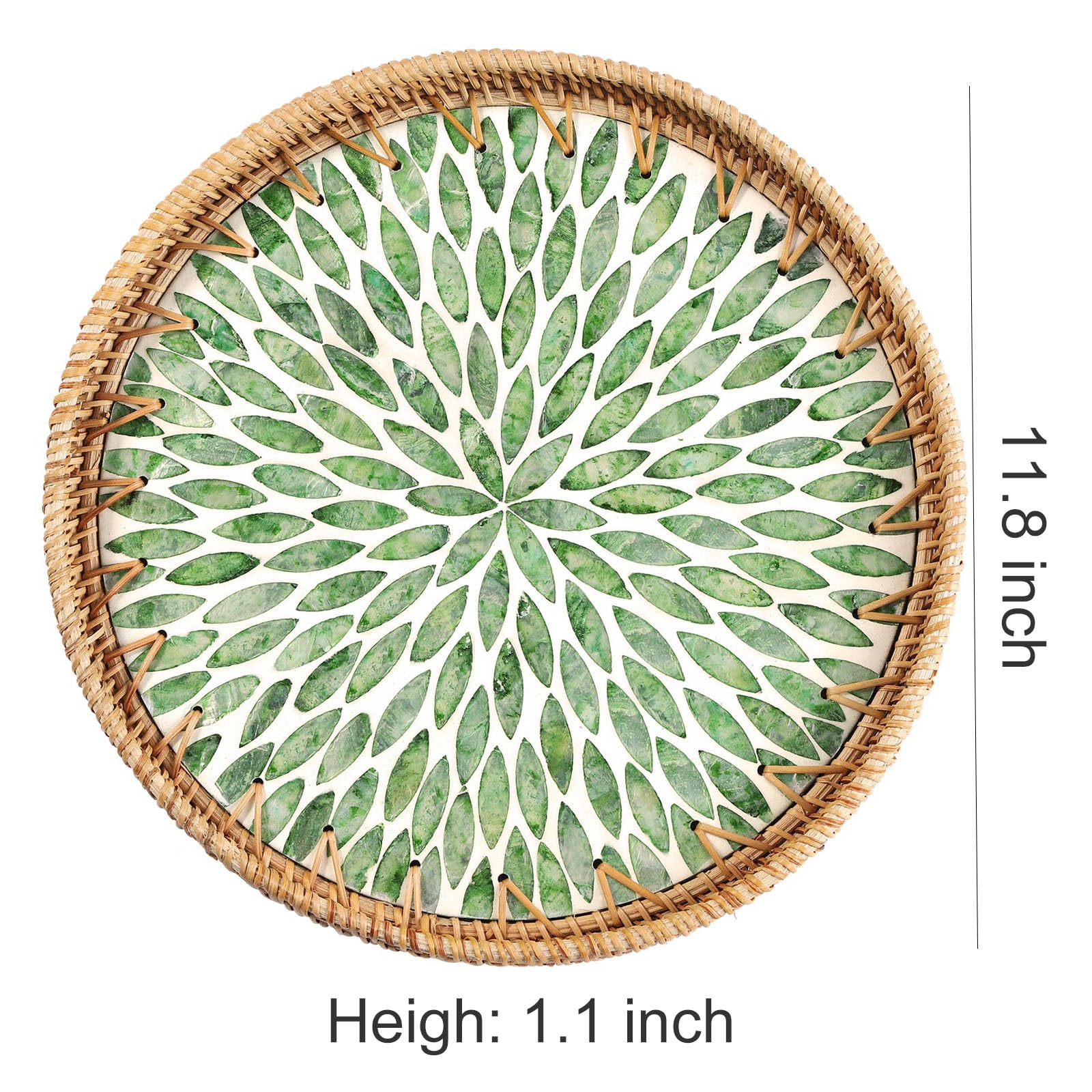 Round Rattan Tray with Mother of Pearl Inlay - Handwoven Wicker Serving Tray with Wooden Base - Decorative Coffee Table Tray for Home Decor, Food Display, Coffee, Fruits & Bread - Perfect for Living Room, Dining Table & Tea Parties (Green Leaf Design)