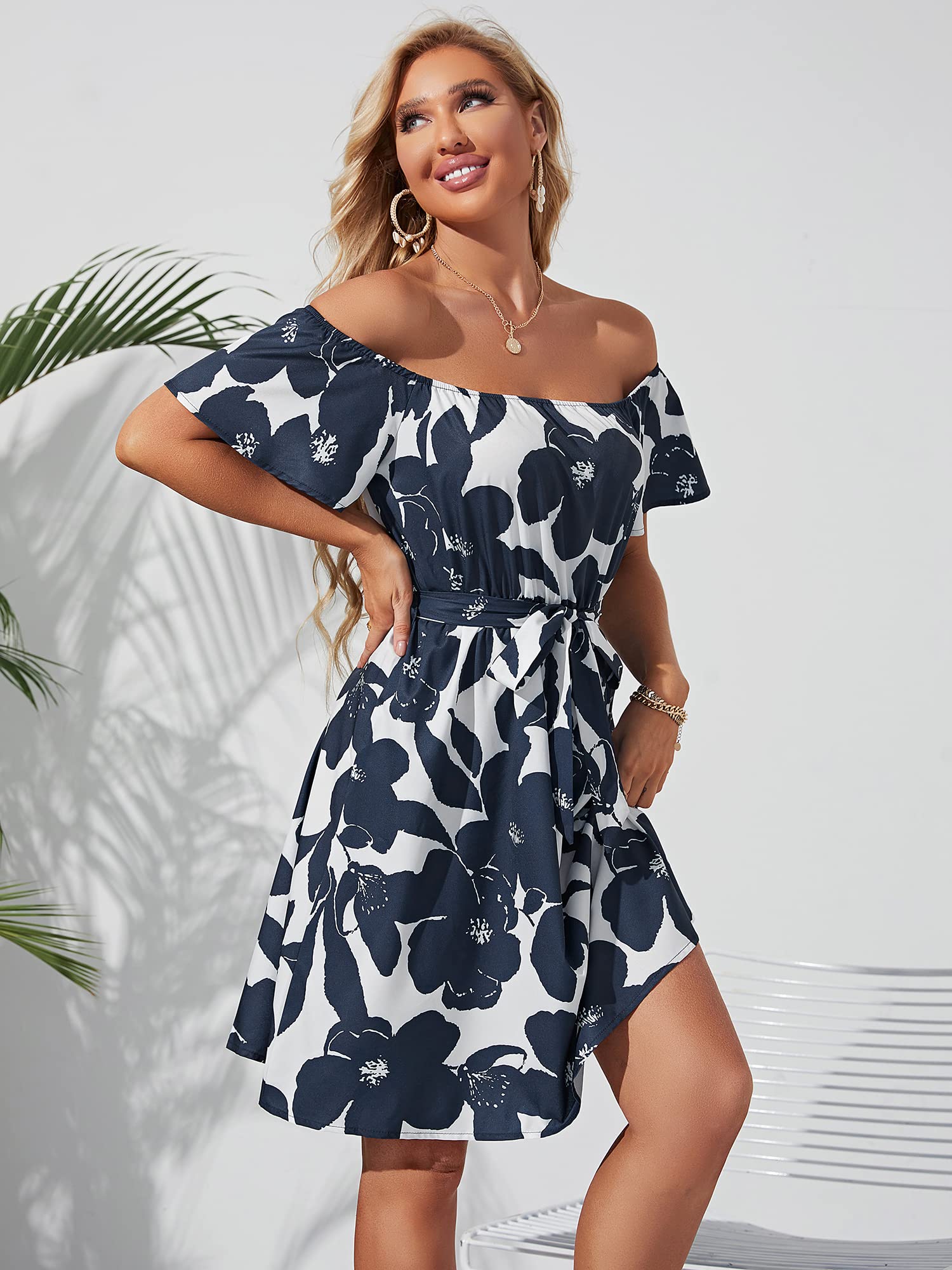 Women's Off Shoulder Ruffle Floral Summer Dress - A-Line Short Skater Dress with Belt for Wedding Guest, Party, Cocktail & Beach Vacation
