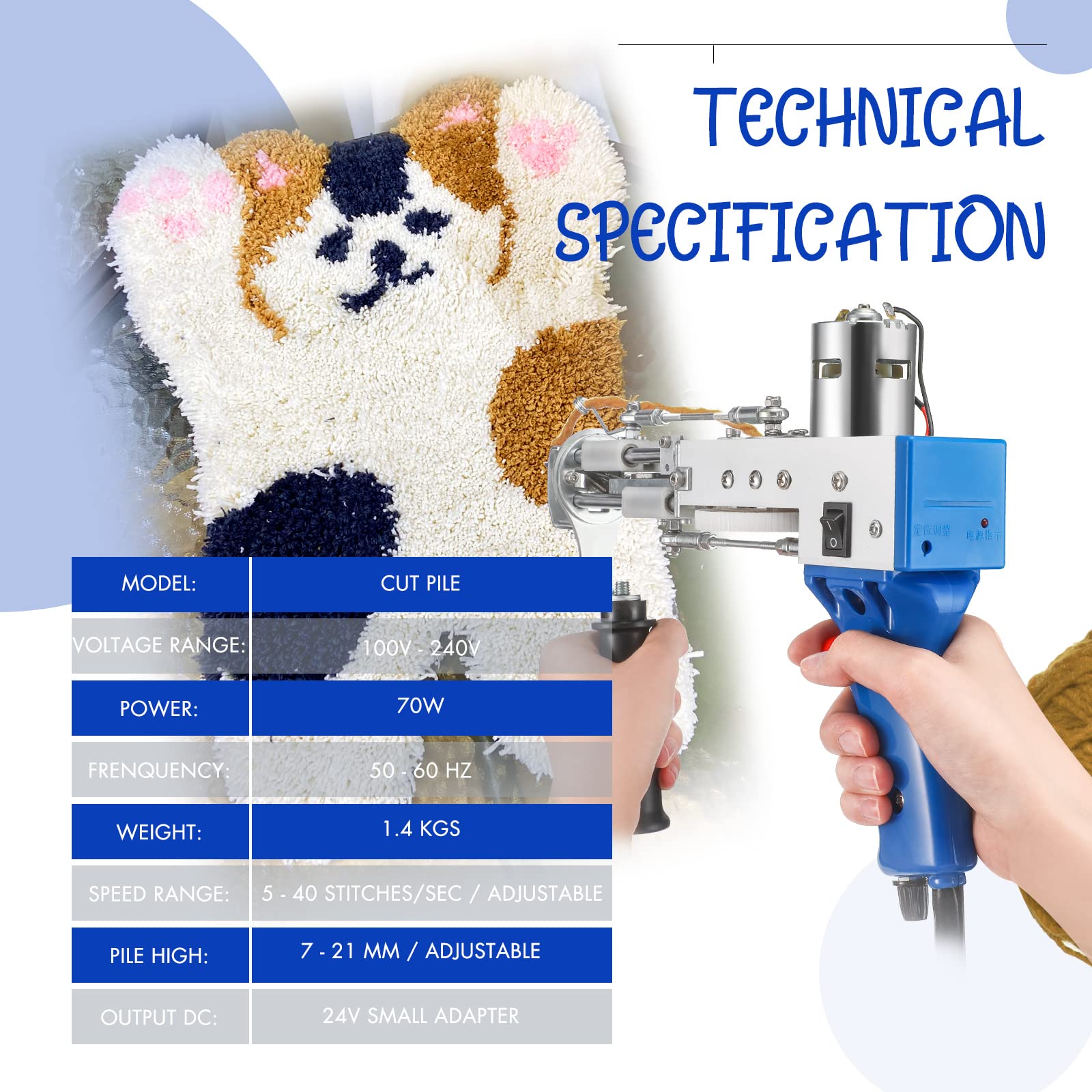 Electric Tufting Gun for Rugs & Carpets - 100V-240V Cut Pile Rug Tufting Tool with Loop Function, Handheld Punch Needle Embroidery Machine (Blue) - Perfect for DIY Home Decor, Craft Projects & Professional Carpet Weaving