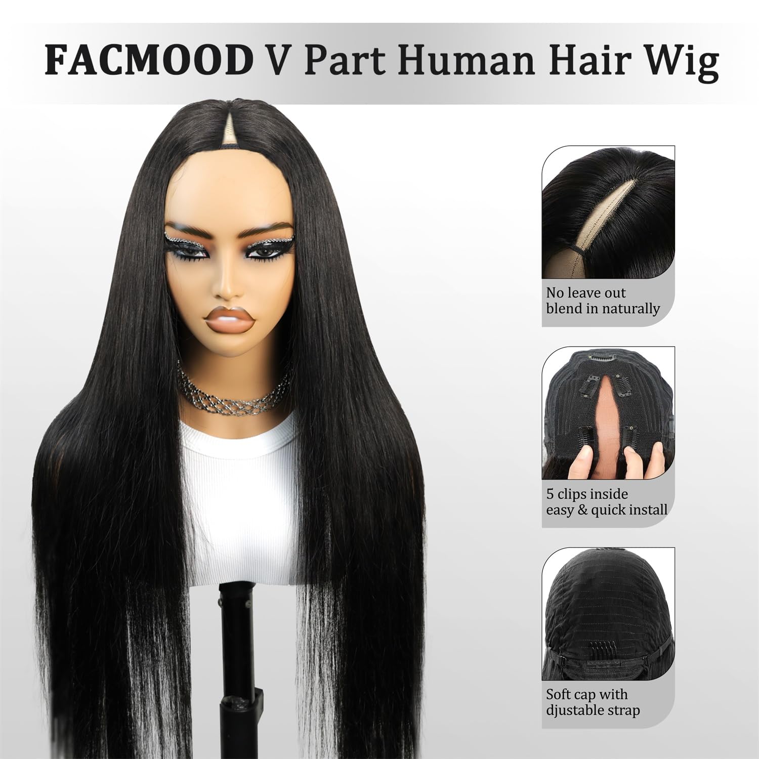 Brazilian Human Hair V Part Wig - 26 Inch Bone Straight Glueless No Sew in Wig for Black Women - 180% Density Natural Color - Perfect for Daily Wear, Parties & Special Occasions
