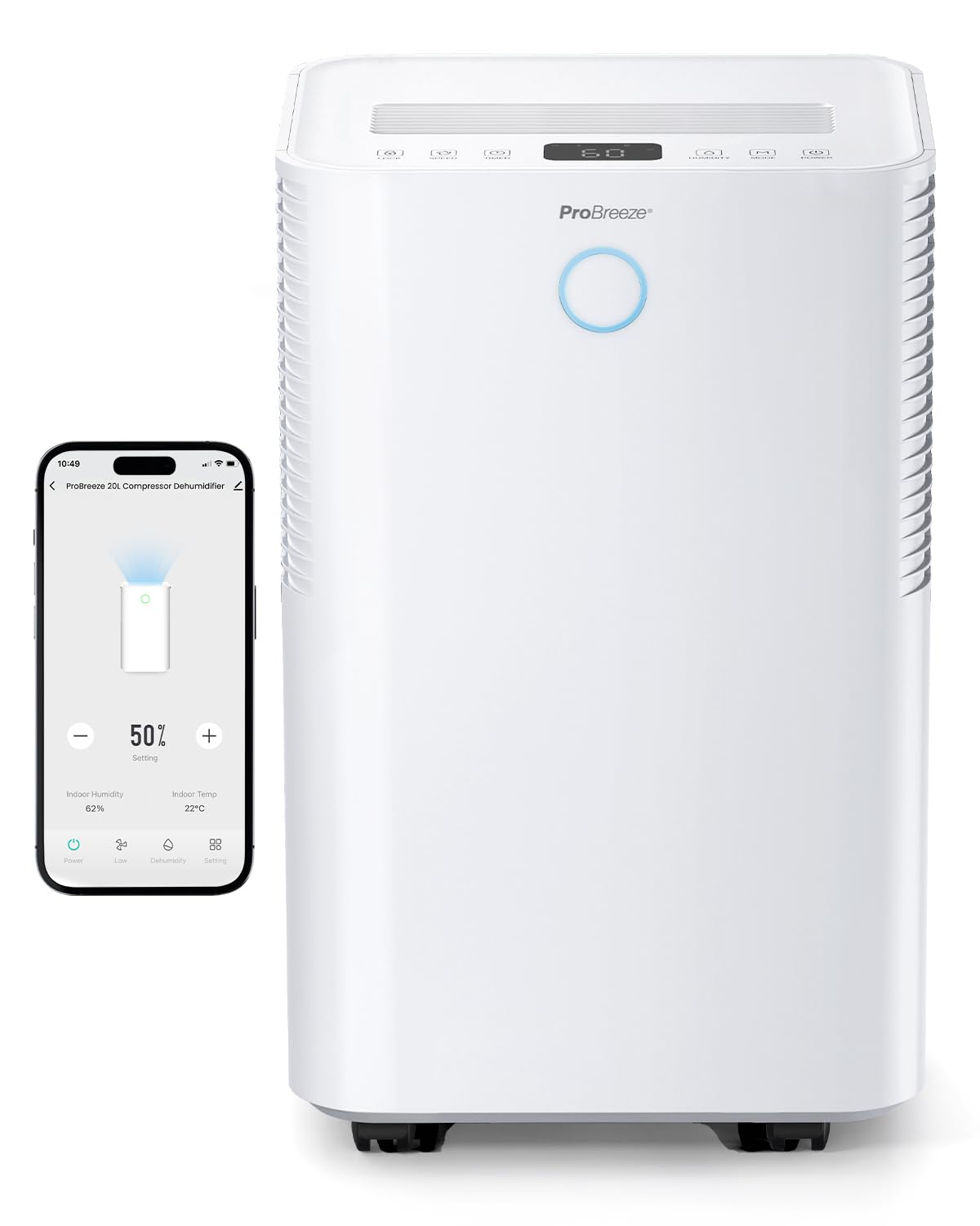 Pro Breeze® OmniDry WiFi Smart Dehumidifier - 20L with Auto Humidity Sensor, 24Hr Timer, Laundry Drying & Continuous Drain - White | Smart App Control for Home, Basement, Bedroom & Closet Moisture Removal