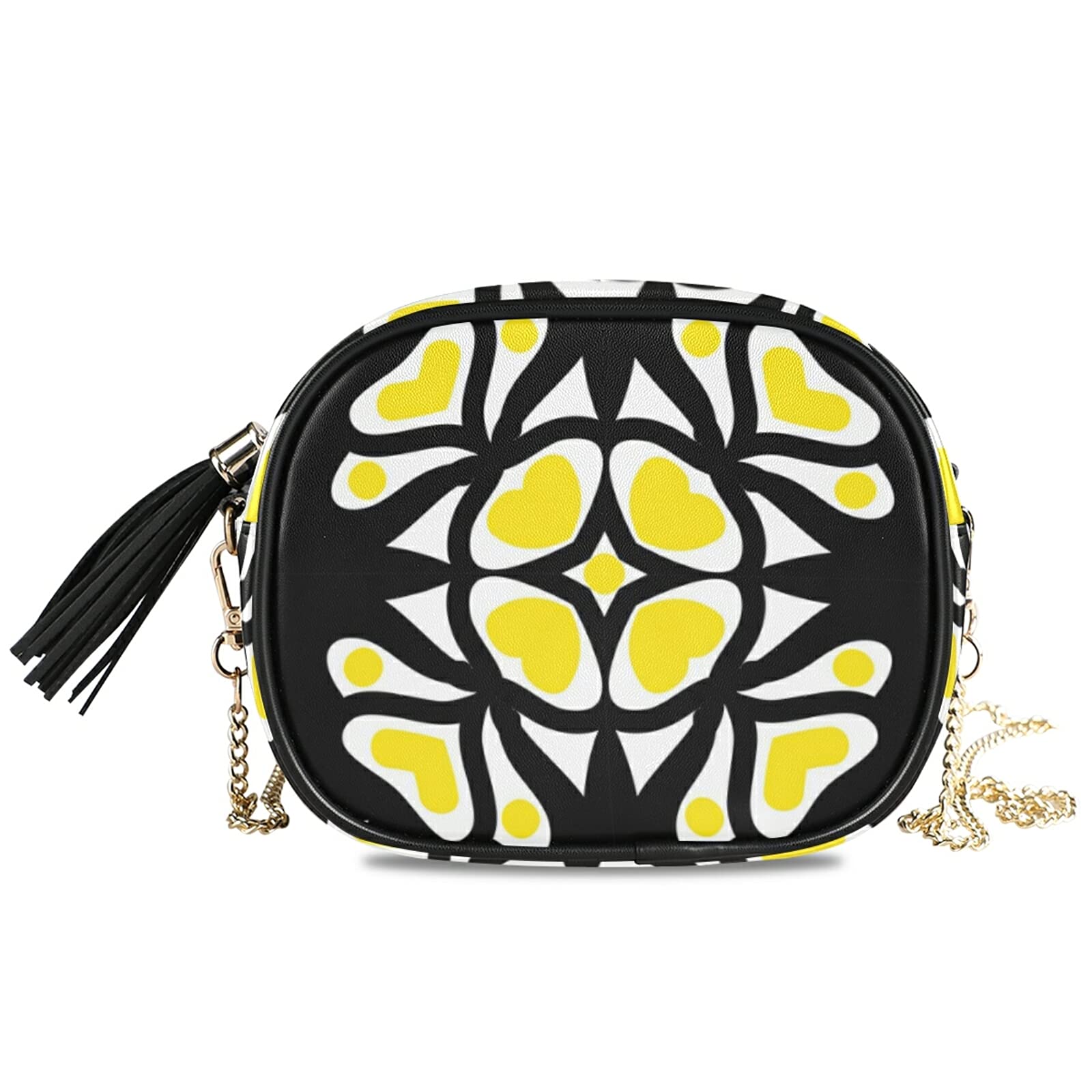 Women's Leather Crossbody Bag with Adjustable Strap - Small Floral Heart Print Shoulder Purse for Makeup, Travel & Daily Use | Yellow & Black Fashion Handbag