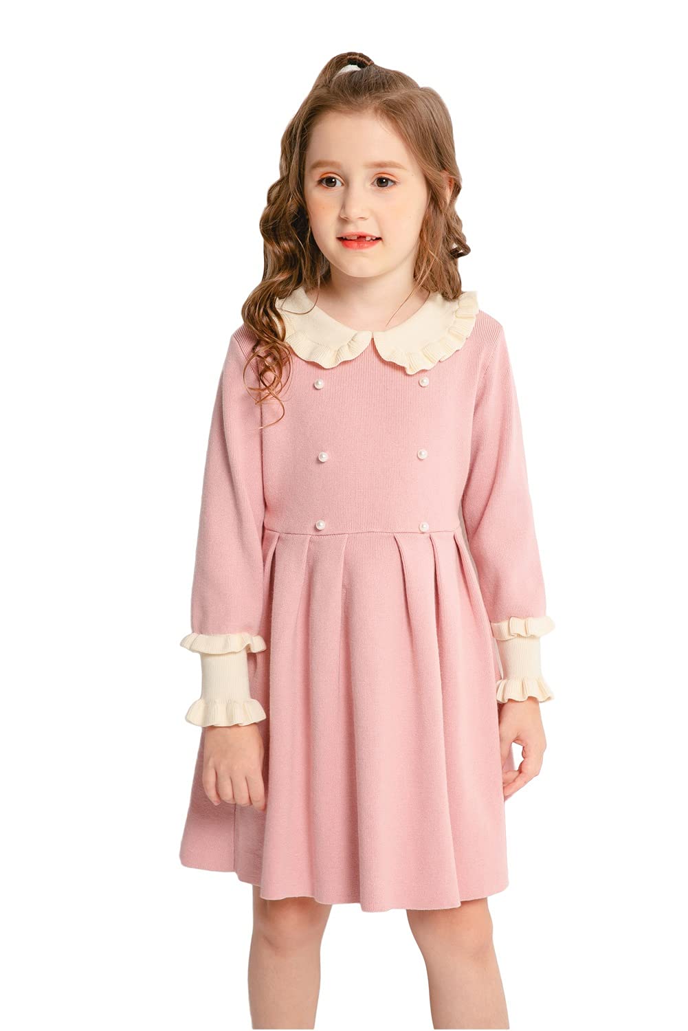 SMILING PINKER Girls' Knit Dress with Ruffle Peter Pan Collar - Long Sleeve Pleated Sweater Dress for School, Party & Holiday Outfits
