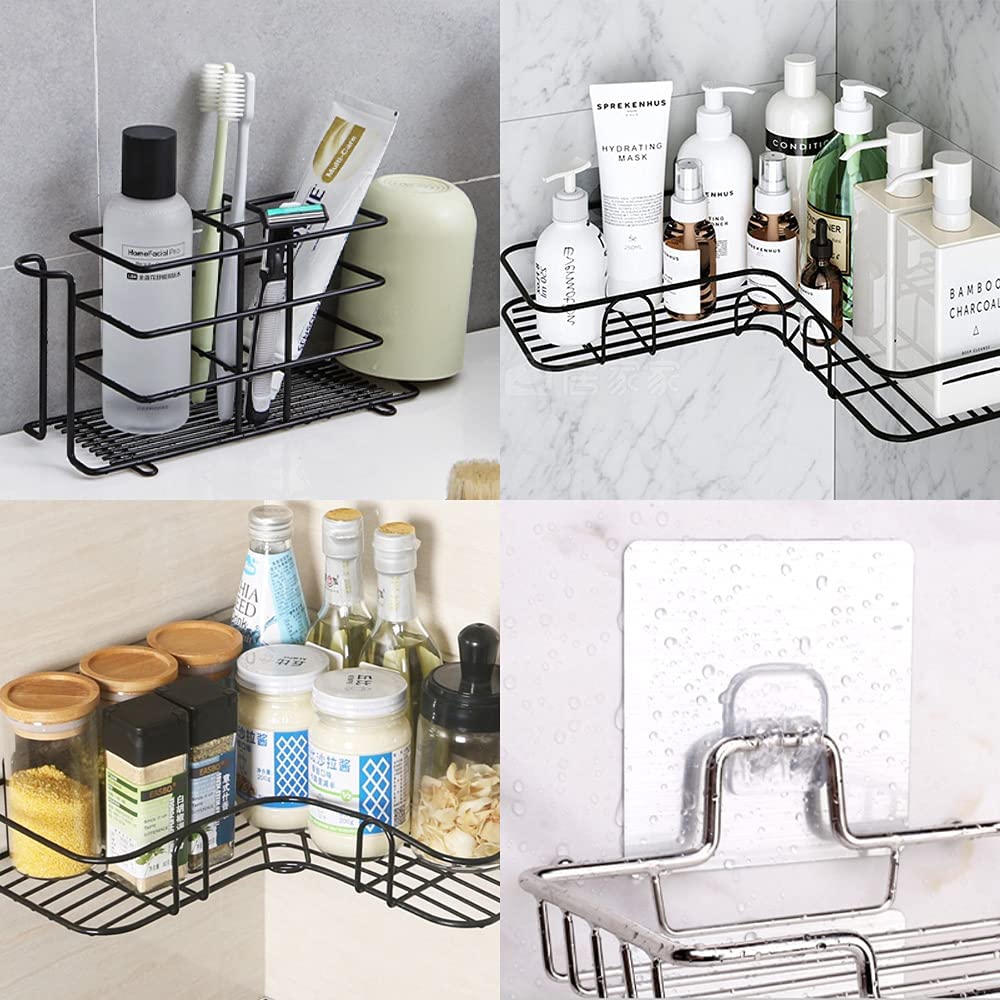 4 Pack Shower Caddy Adhesive Hooks - Strong Sticky Mount for Bathroom Shelf, Soap Dish & Kitchen Sink Organizer - Rustproof Silver Replacement Hooks for Shower Caddy Basket - Perfect for Small Space Organization