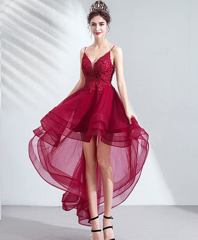 Elegant Burgundy Tulle Lace High-Low Prom Dress for Homecoming | Formal Evening Gown for Special Occasions, Dances & Parties