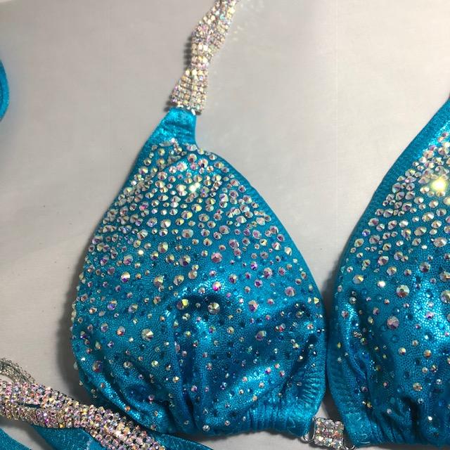 Competition Bikini Suit - Turquoise Burst Crystal Rhinestone Posing Bikini for Women | Stage Performance, Bodybuilding, Fitness Shows, Swimwear, Beachwear