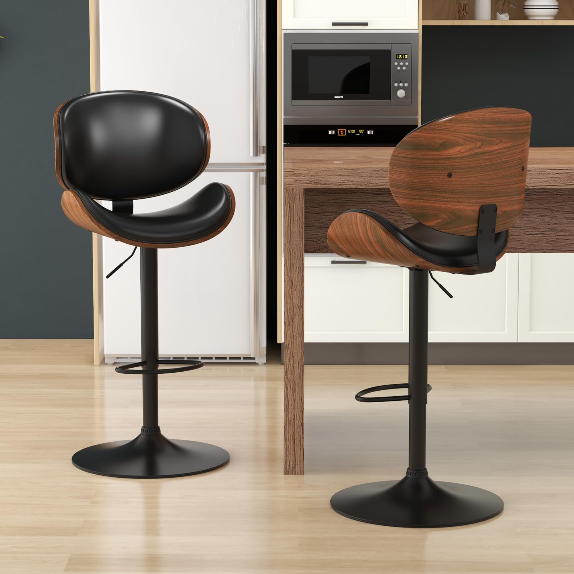 KCC Bar Stools Set of 4 - Adjustable Height Swivel Bar Stools with PU Leather Upholstery & Footrest - Modern Bentwood Bar Chairs for Kitchen Island, Home Bar, Dining Room & Breakfast Nook (Black PU Leather) - Perfect for Entertaining, Casual Dining & Kitchen Counter Seating