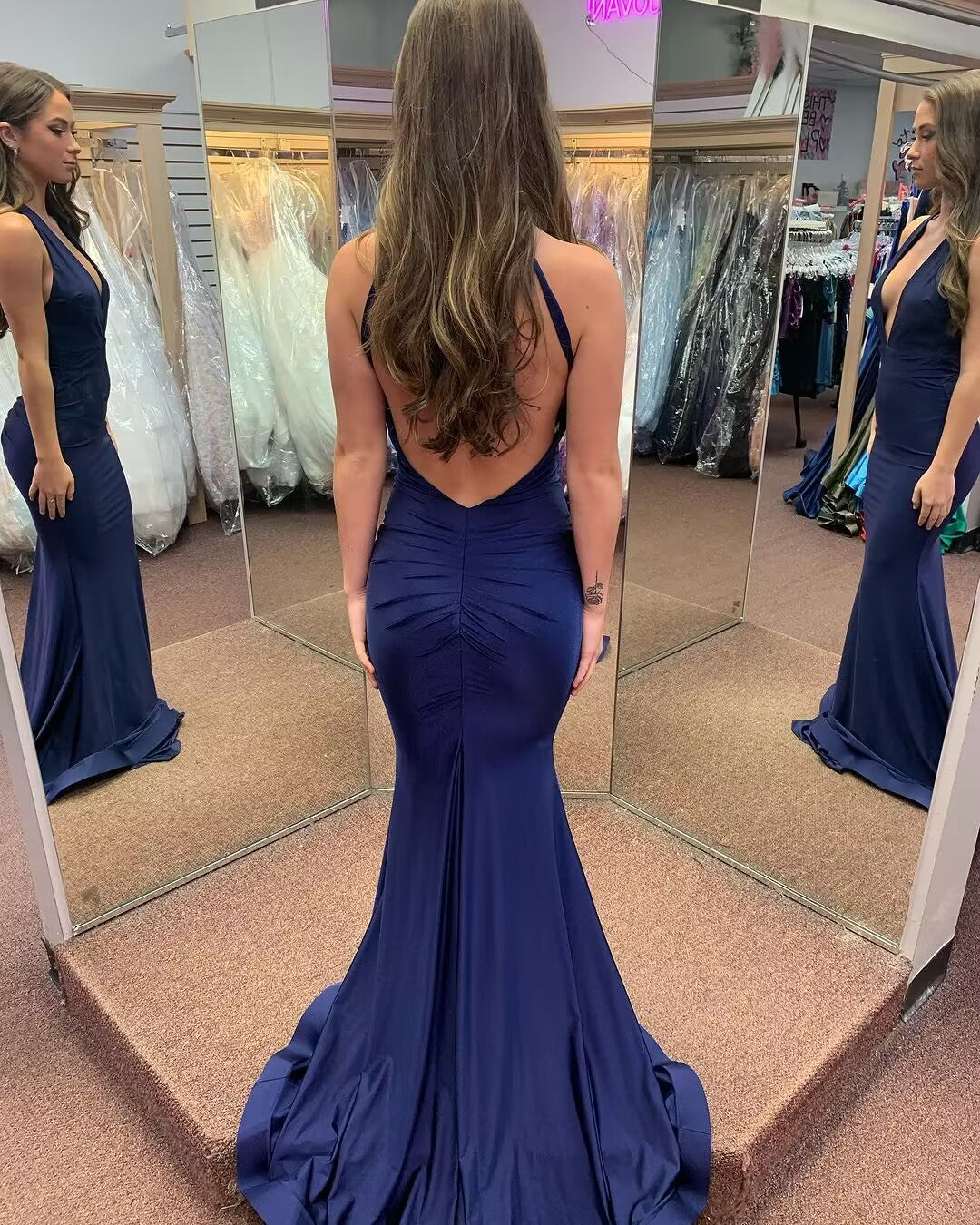 Deep V Neck Navy Blue Mermaid Long Prom Dress J2824 - Elegant Formal Gown for Homecoming, Evening Gala & Special Occasions