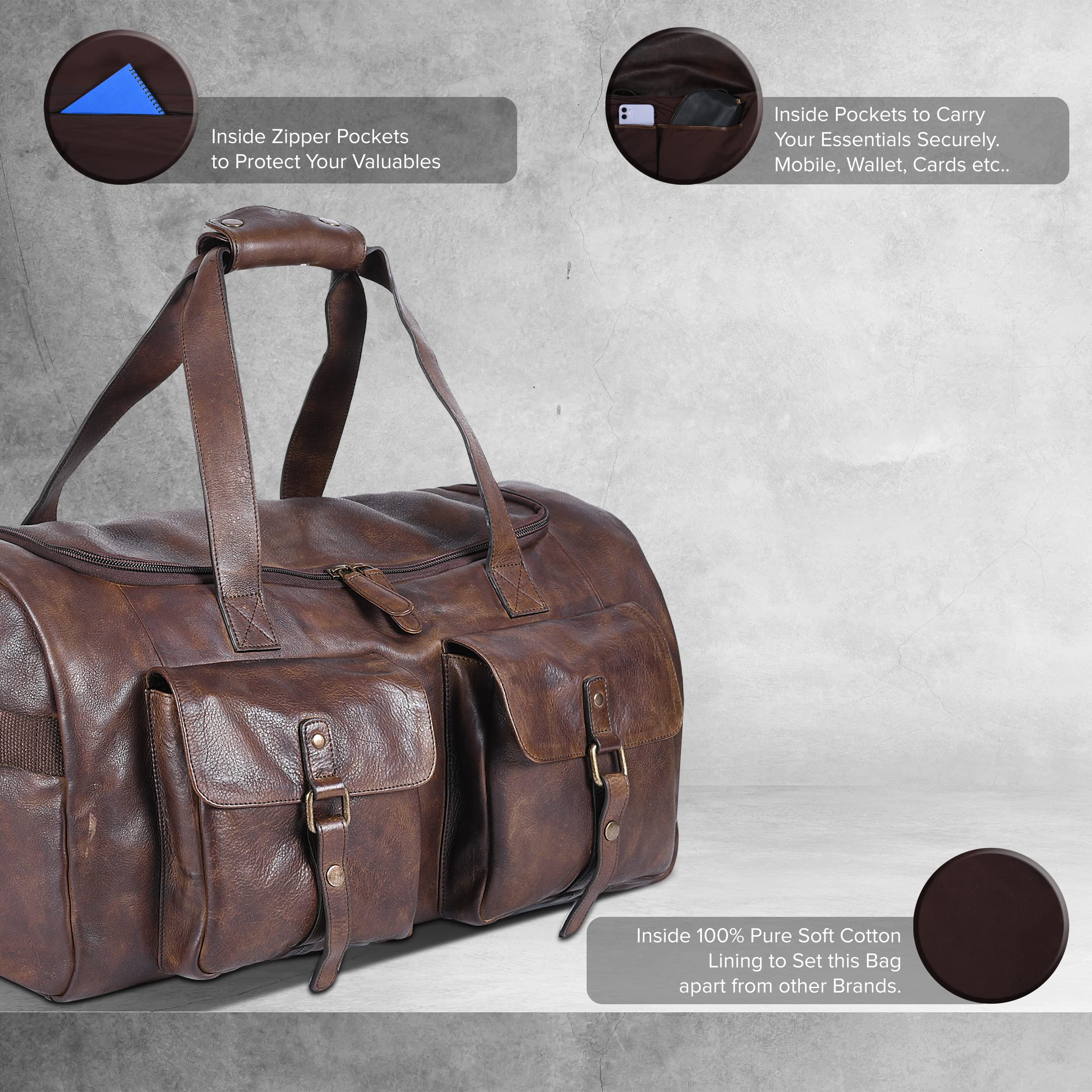 Genuine Leather Weekender Bag - Oversized Travel Duffel Carry-On for Men & Women | Perfect for Weekend Getaways, Business Trips & Gym (Brown Wash)