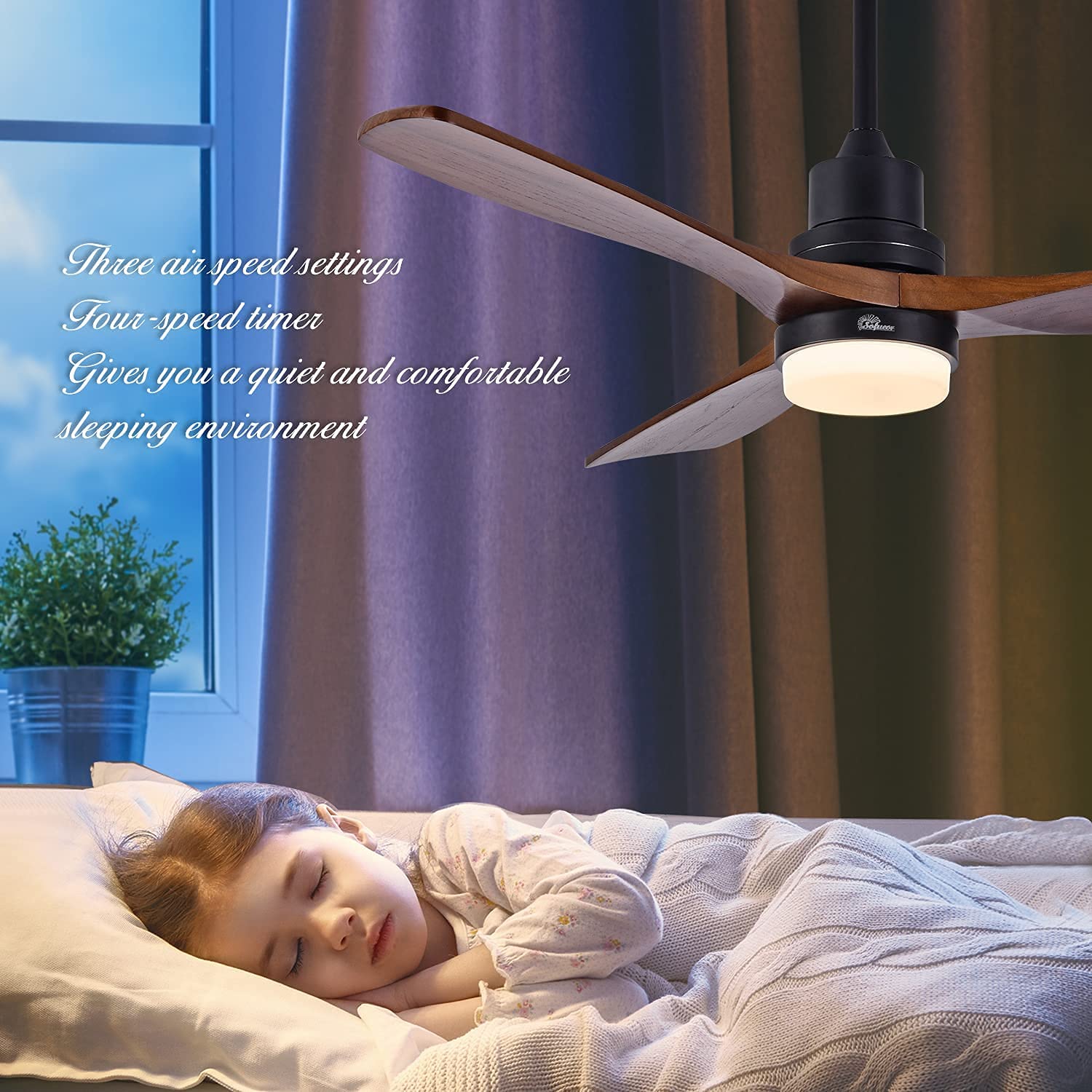 Sofucor 52 Inch Indoor Outdoor Ceiling Fan with Light Kit and Remote Control - 3 Speed Reversible Quiet DC Motor, 3 Walnut Wood Blades - Perfect for Bedroom, Living Room, Patio and Covered Porch