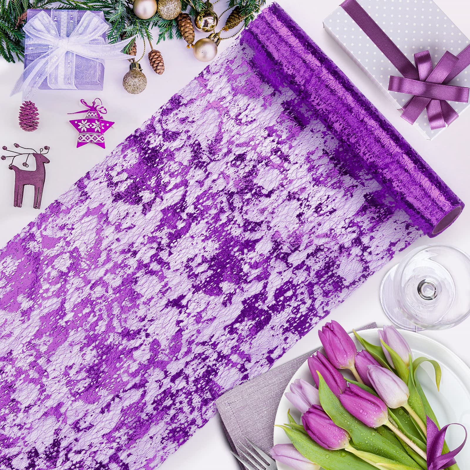 11x16 Feet Purple Metallic Sequin Glitter Foil Mesh Table Runner - Elegant Wedding, Birthday, Mother's Day & Mardi Gras Party Decor for Spring Summer Celebrations | Perfect for Dining Tables, Buffets & Event Centerpieces