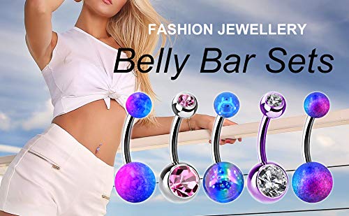 OUFER 14G Stainless Steel Belly Button Rings - Blue Purple Glitter Jewelry for Navel Piercing