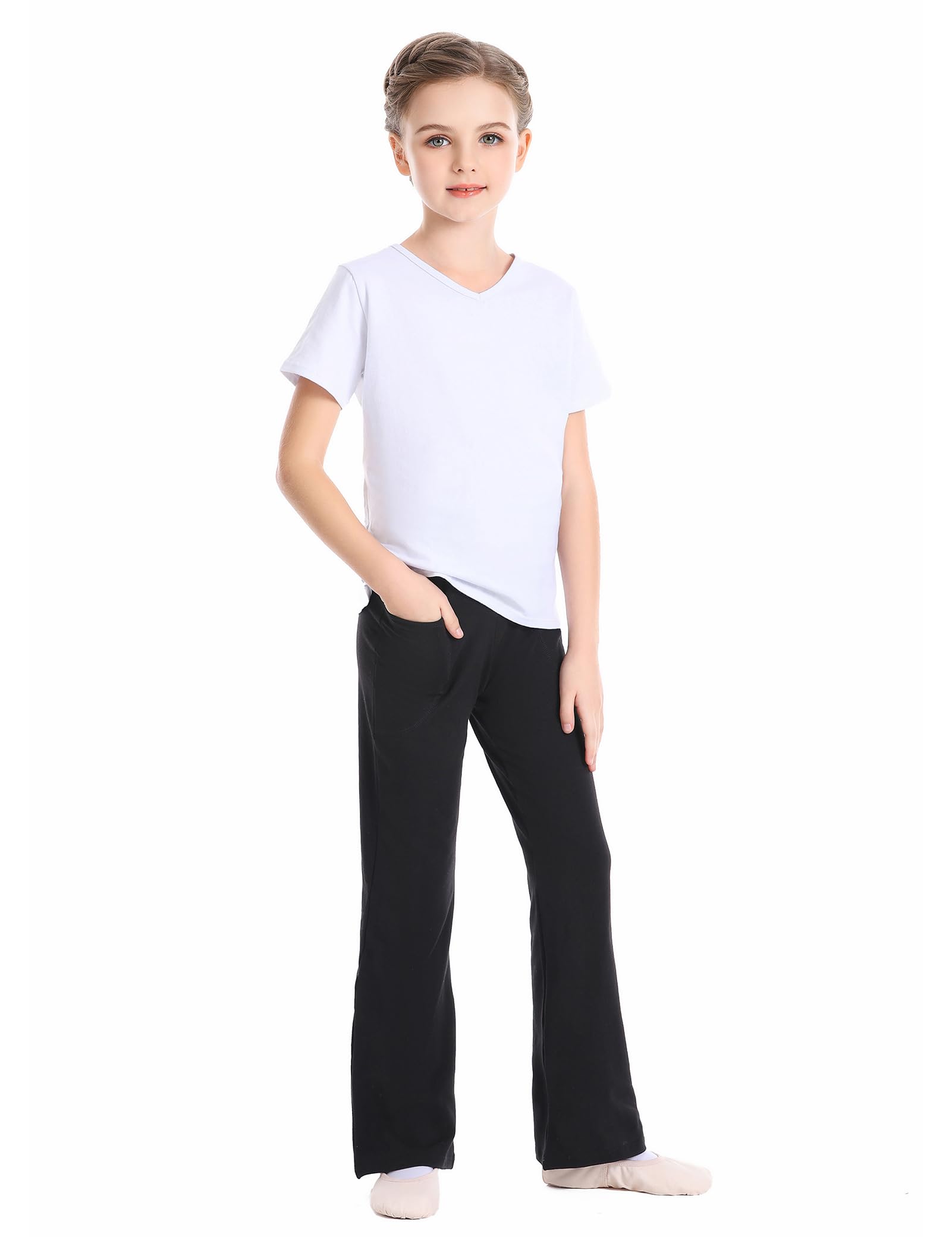 Phoeswan High Waisted Flare Leggings for Girls - Cotton Black Bell Bottom Pants | Full Length Jazz Dance Yoga Pants for Teens & Kids | Perfect for Dance Class, Yoga Practice & Casual Wear
