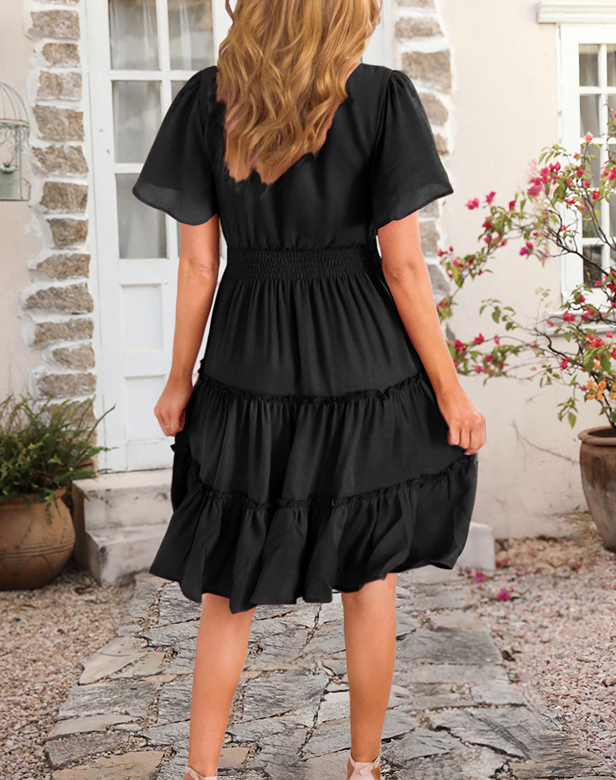 Zattcas Women's 2025 Spring Summer V-Neck Smocked Waist Flowy A-Line Tiered Midi Dress - Casual Work Office & Outdoor Party Wear