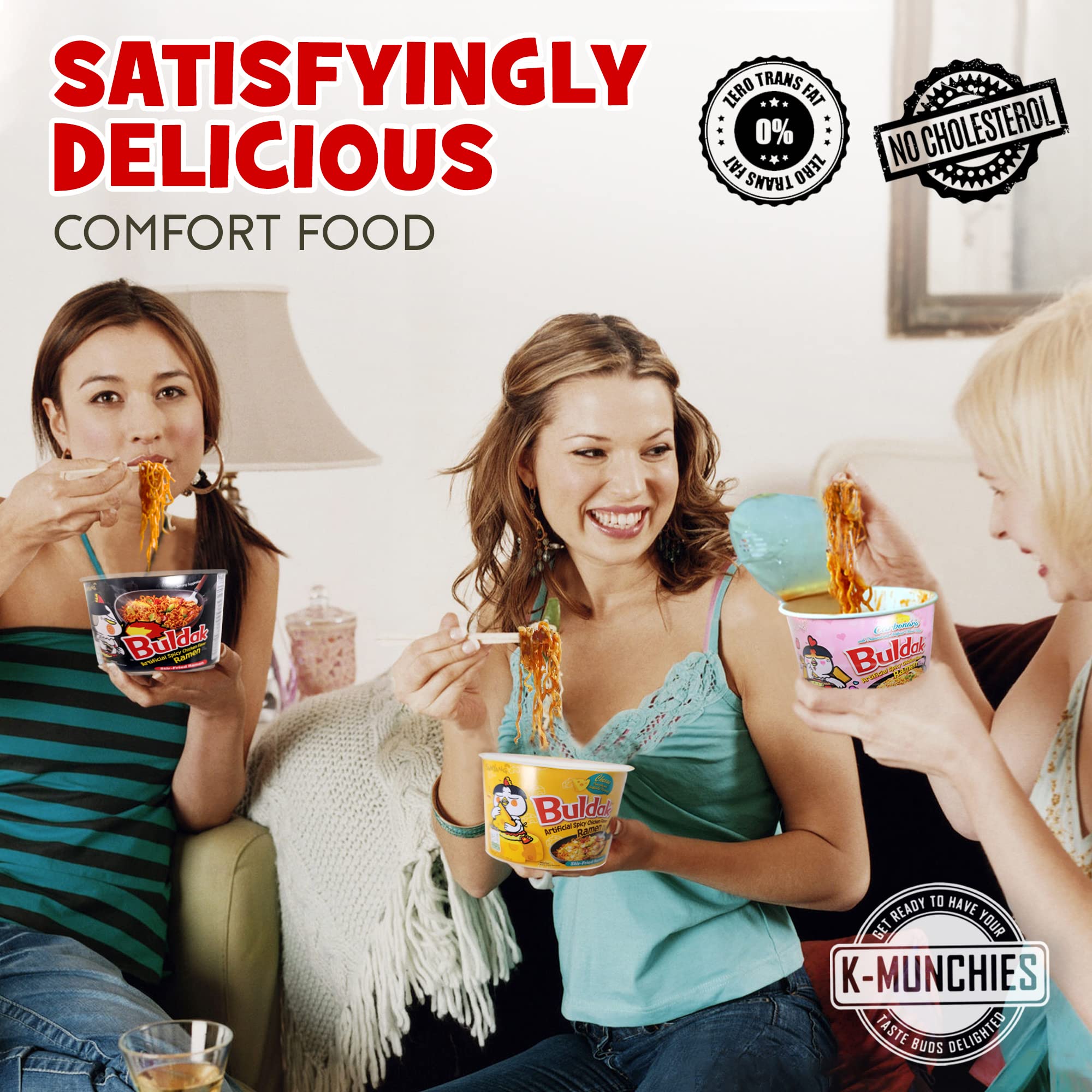 Samyang Roasted Chicken-Flavored Spicy Ramen Noodles - 3 Pack (105g Each) | Assorted Korean Instant Cup Noodles - Spicy Ramen, Spicy Chicken Cheese, Carbonara | Includes 3 Chopsticks | Perfect for Quick Meals, Late Night Snacks & Office Lunches