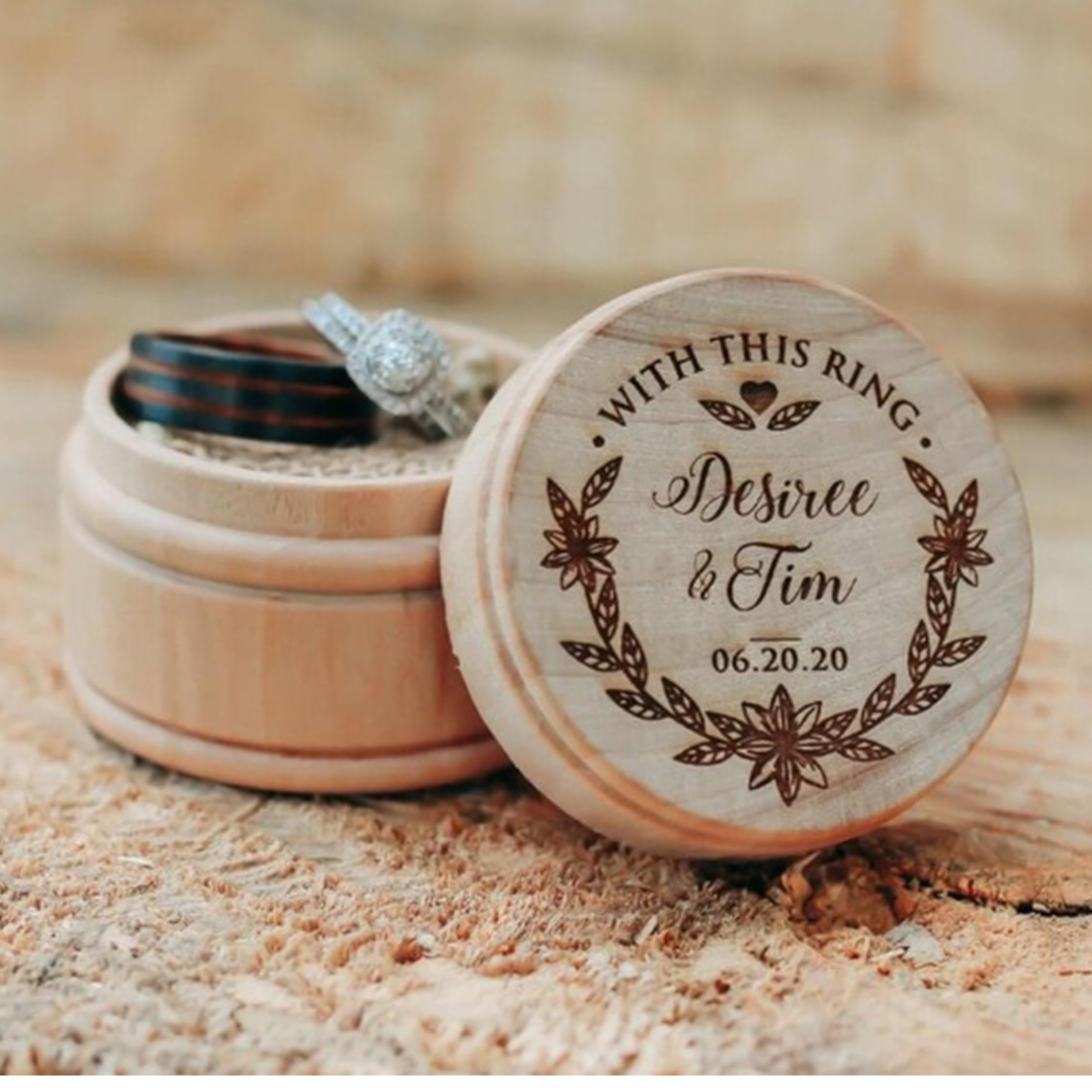 Personalized Engraved Wood Ring Box - Custom Rustic Round Ring Bearer Holder for Wedding, Engagement & Proposal - Perfect for Jewelry Gift Box & Keepsake Storage