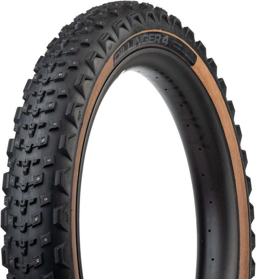 45NRTH Dillinger 4 Winter Bike Tire - 27.5 x 4.0 Tubeless Folding Tan 60 TPI with 168 Large Concave Carbide Studs | Perfect for Snow & Ice Cycling, Fat Tire Bikes, and Extreme Winter Conditions