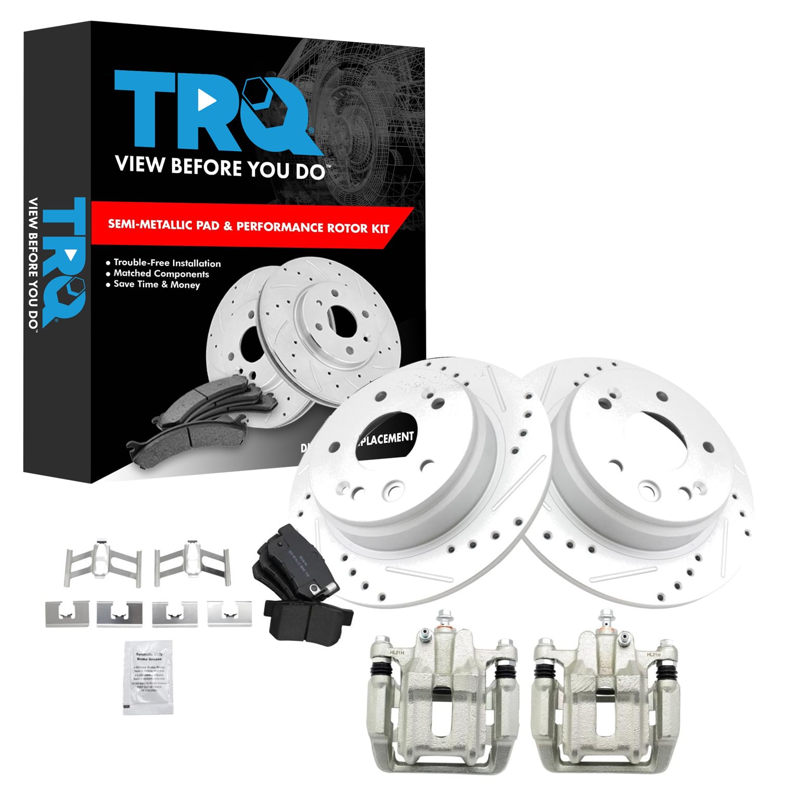 TRQ Premium Rear Performance Brake Pad & Rotor Kit - Semi-Metallic Brake Pads with G-Coating - Compatible with 1999-2003 Acura TL - Ideal for Daily Driving & Performance Upgrades