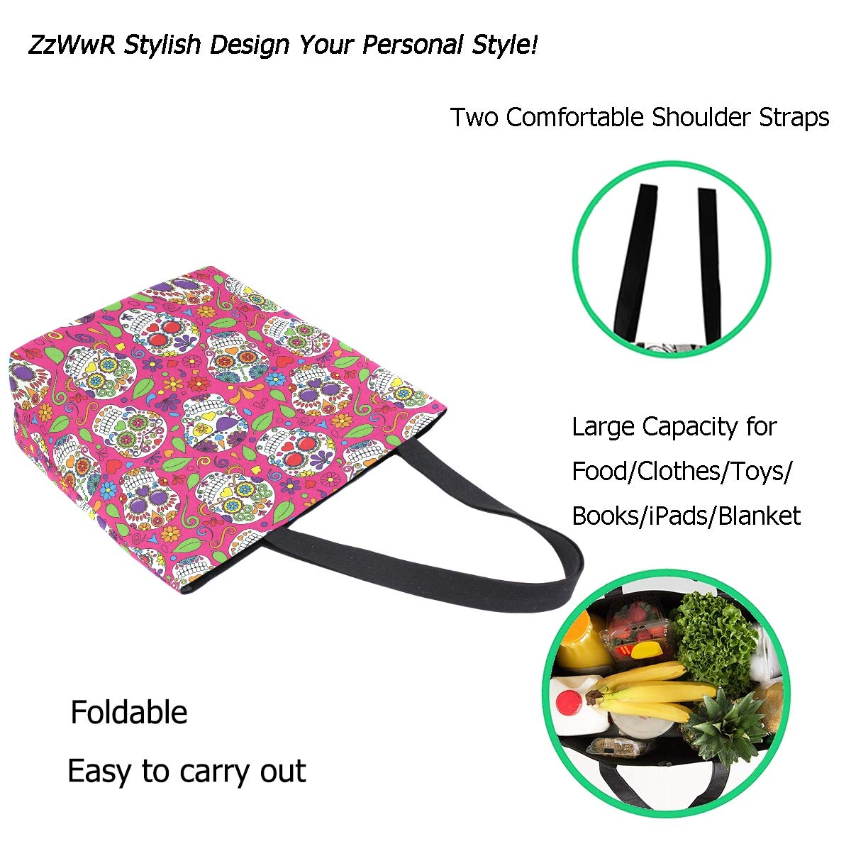 Stylish Extra Large Mexican Sugar Skull Floral Canvas Tote Bag - Reusable Grocery Shopping Bag, Beach Travel Tote, Portable Storage Handbag for Women | Perfect for Groceries, Beach Trips, and Everyday Use