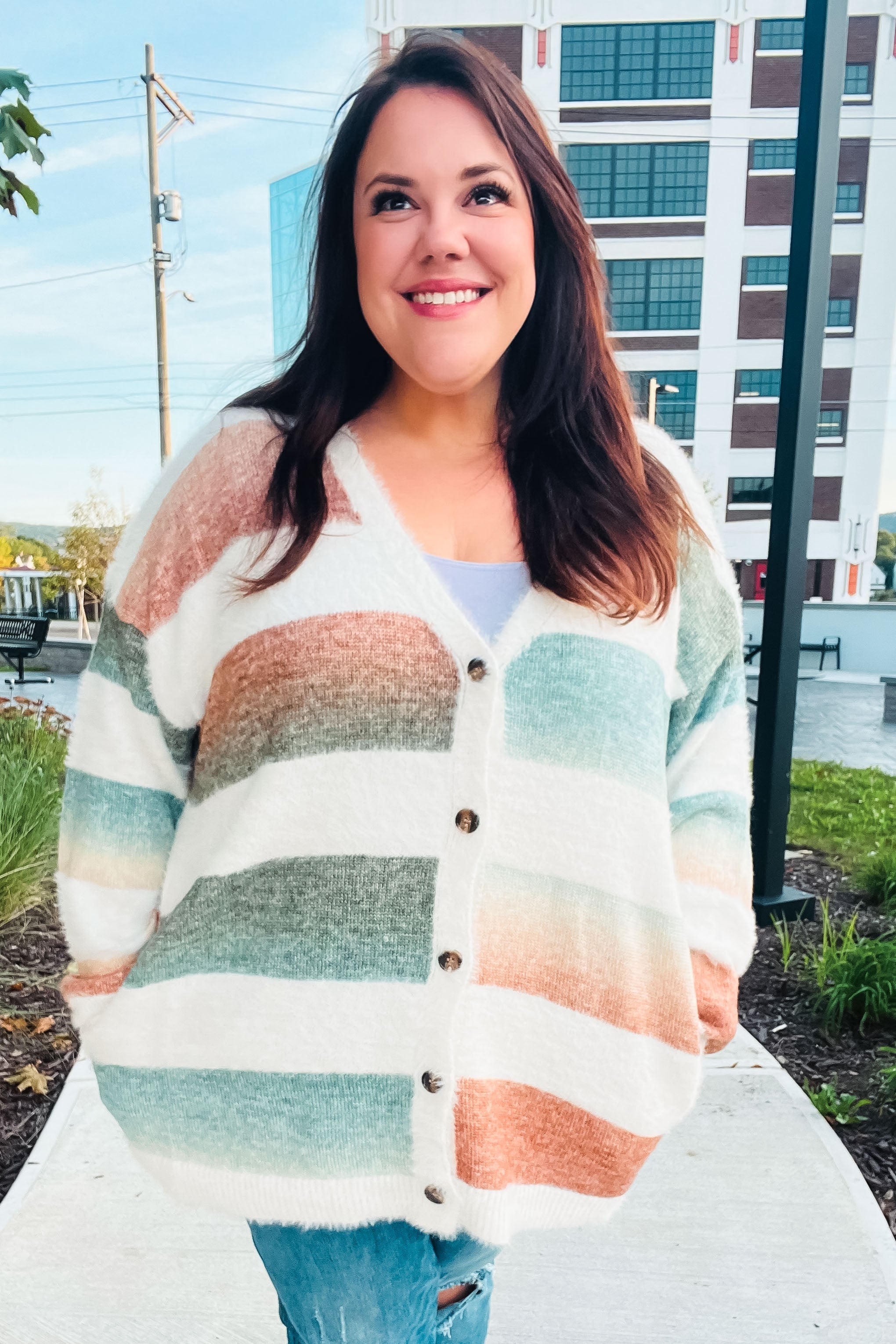 Ivory Striped Button Down Fuzzy Knit Cardigan for Women - Soft Warm Winter Sweater - Perfect for Office, Date Night and Casual Outfits