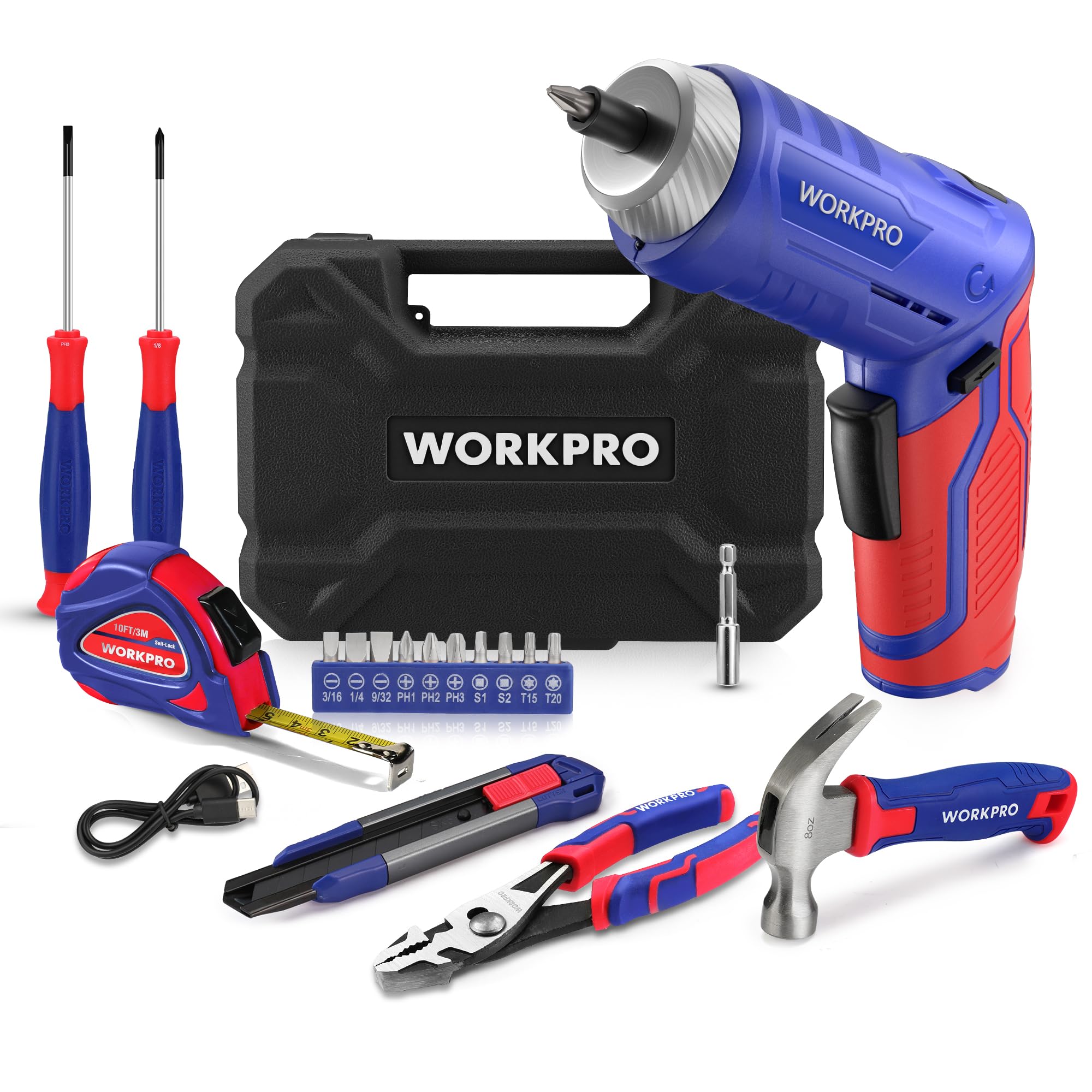 WORKPRO 18-Piece Home Tool Kit with 3.7V Rechargeable Rotating Electric Screwdriver | General Household Repair Tool Set with Portable Toolbox | Perfect for DIY Projects, Home Maintenance, Garage Work & College Dorm Essentials