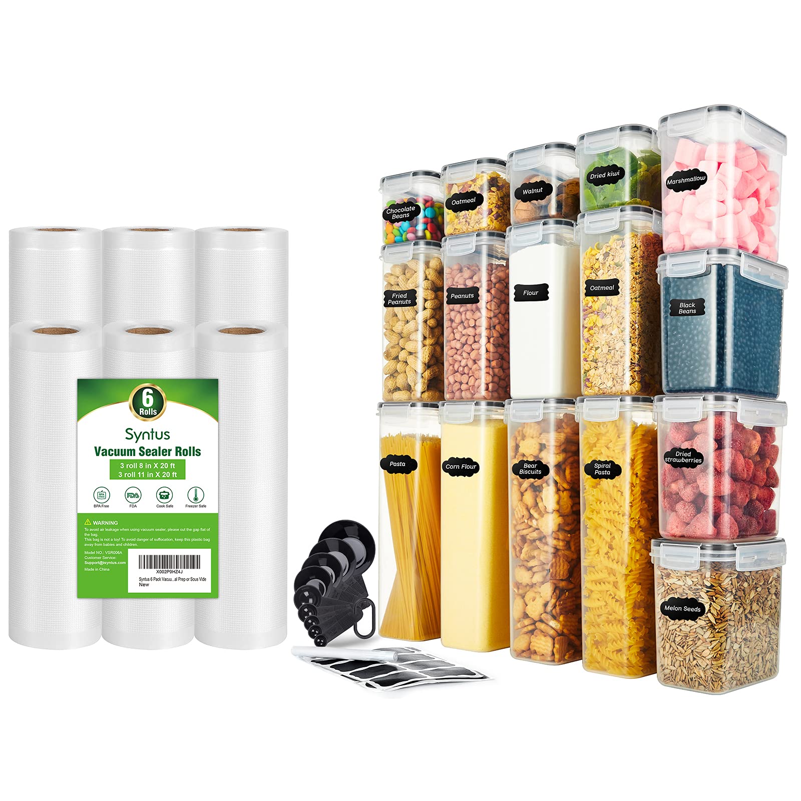 Syntus Vacuum Sealer Bags 6 Pack & 16-Piece Food Storage Container Set - 3 Rolls 11