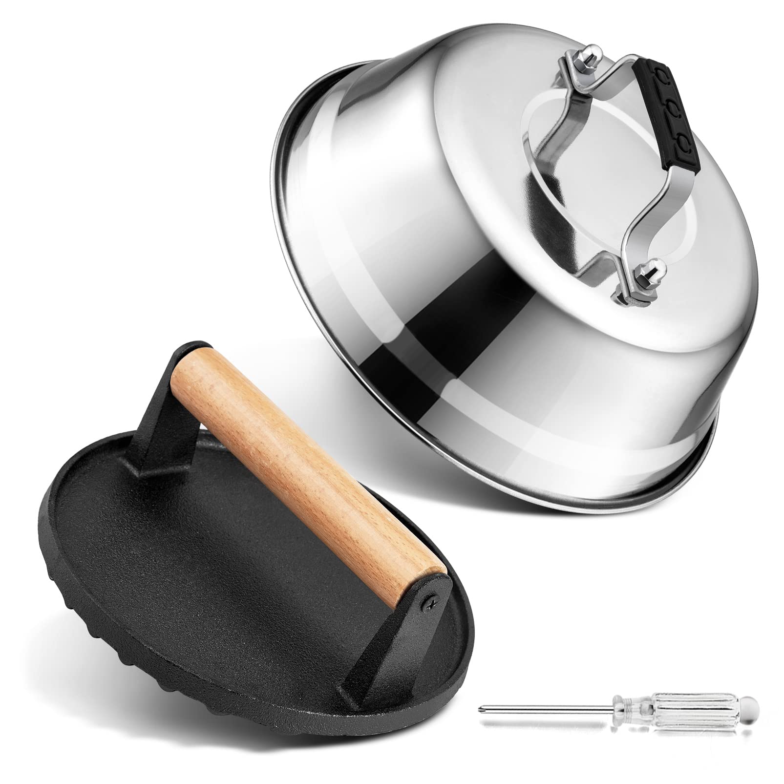 Joyfair 9-Inch Cheese Melting Dome & Burger Press Kit - Cast Iron Grill Press for BBQ, Flat Top Griddle, Teppanyaki - Heavy Duty & Dishwasher Safe - Perfect for Outdoor Cooking, Backyard Grilling & Restaurant Use
