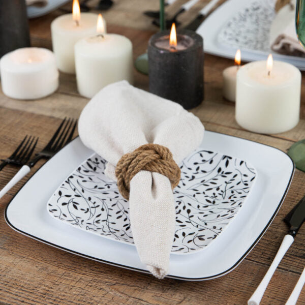7.25 Inch Black and White Square Leaf Plastic Plates - 10 Pack Eco-Friendly Disposable Plates for Parties, Picnics, and Outdoor Dining - Organic Leaf Design