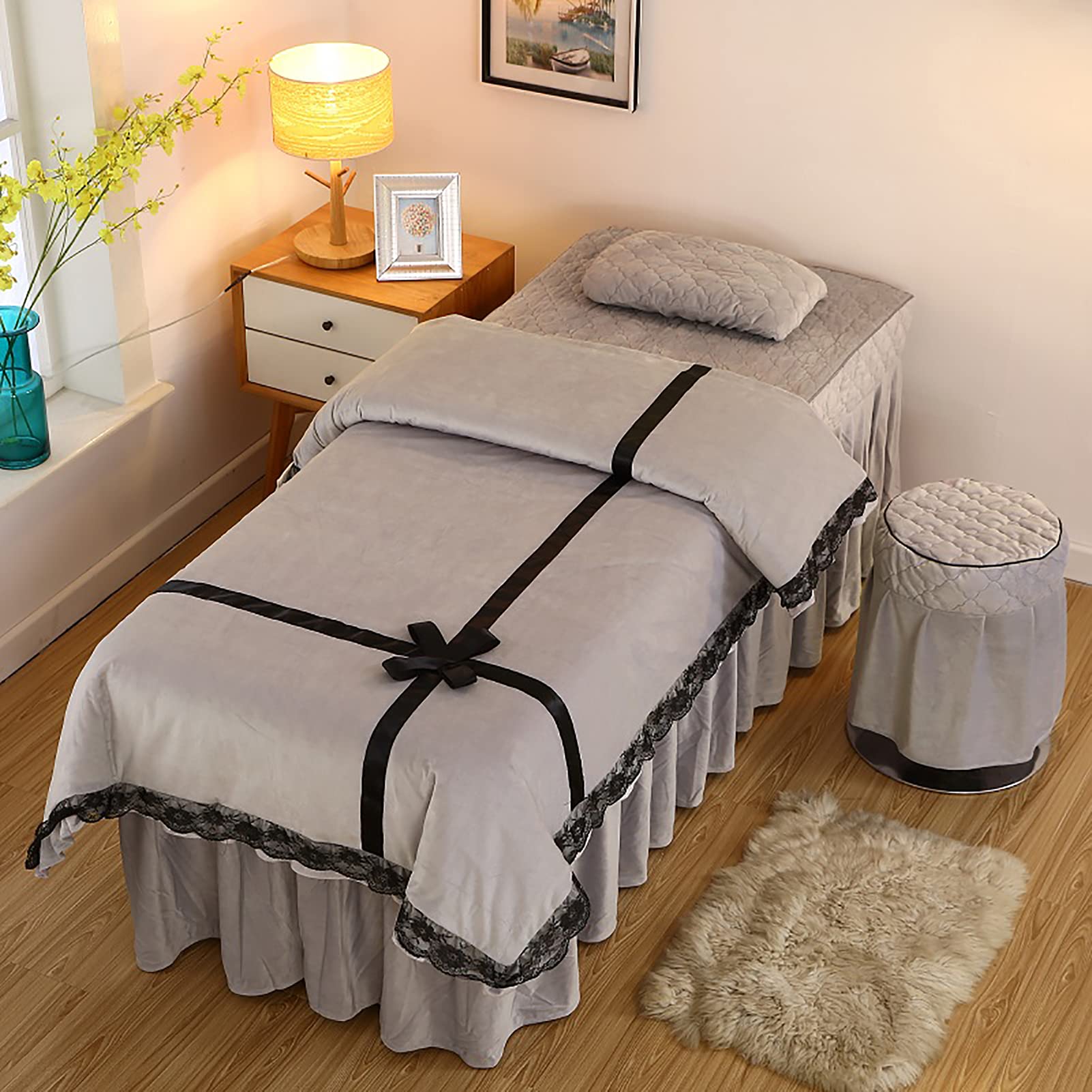 4-Piece Flannel Thickened Lace Massage Table Sheet Set - Soft Warm Beauty Bedspreads, Cotton Spa Solid Color for Body Physiotherapy & Massage - Grey 180x60cm (71x24inch) - Perfect for Salon, Spa, Home Massage & Physical Therapy