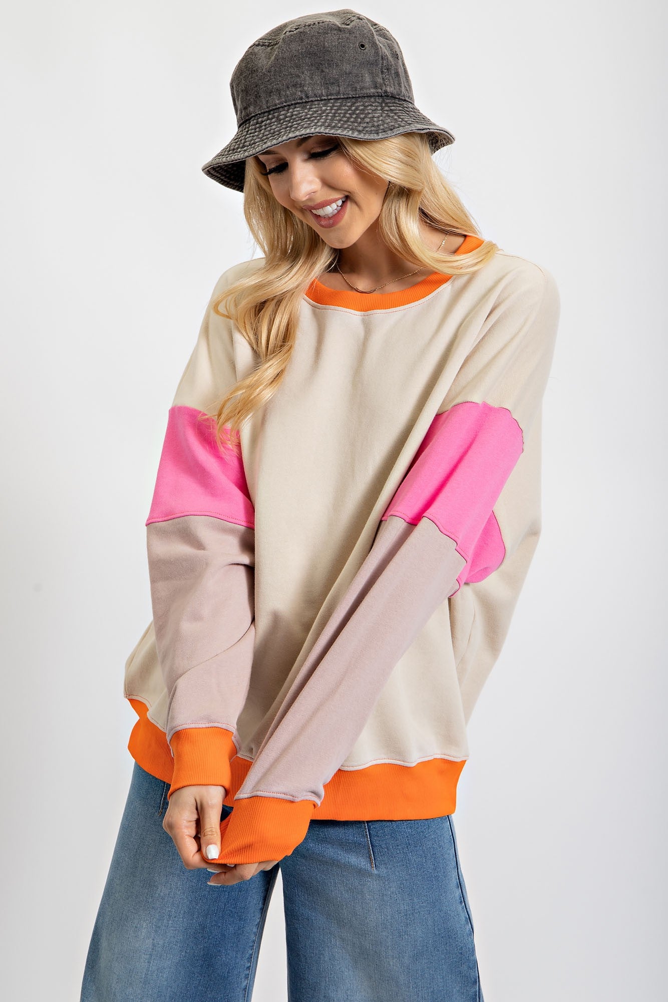 Beige Color Block Sweatshirt for Women - Trendy Oversized Pullover Sweater | Casual Streetwear, Loungewear & Fall Fashion Outfits