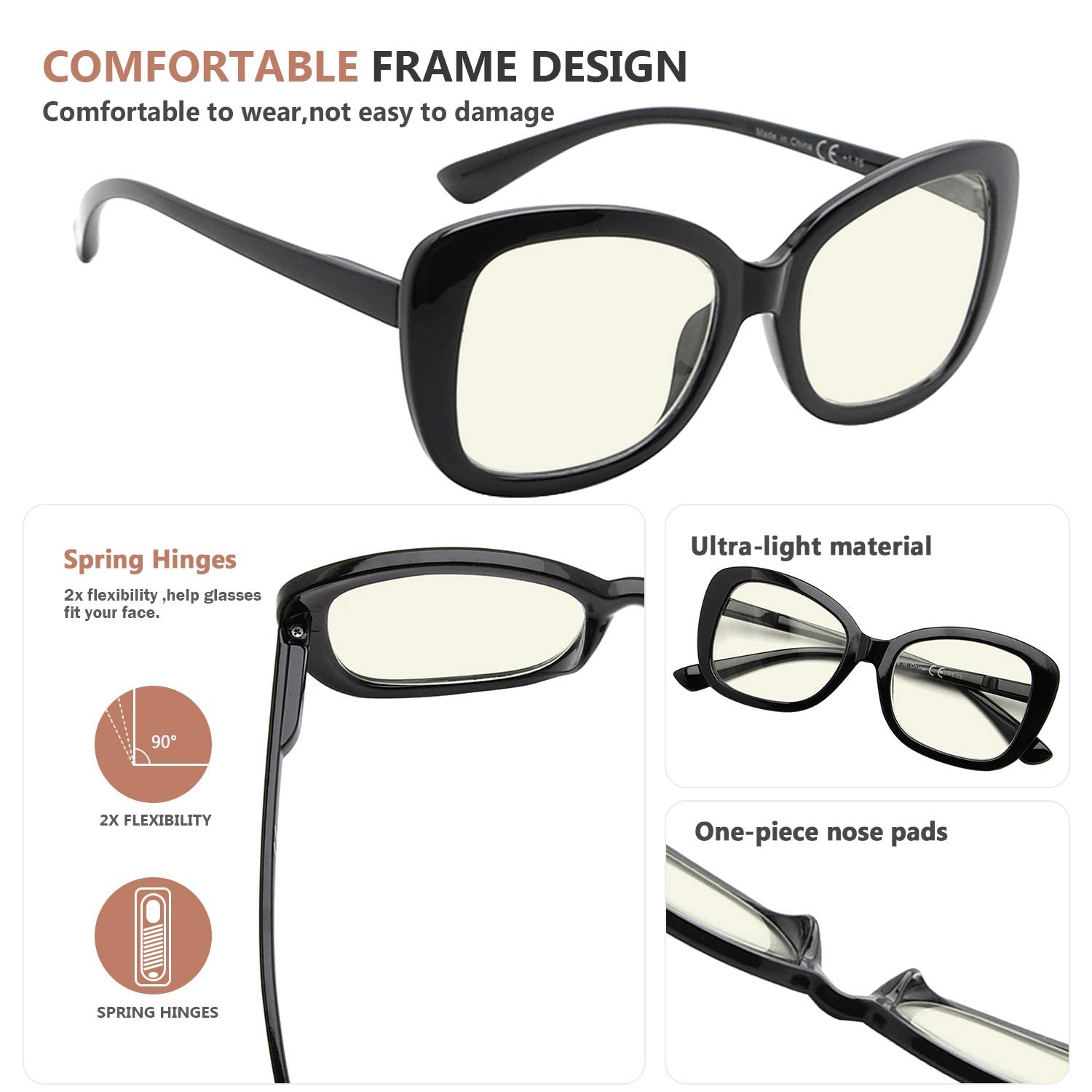 Eyekepper Oversized Blue Light Blocking Computer Glasses for Women - Reading Glasses +2.00 Strength, Anti-Glare & UV Protection (Black) - Perfect for Office Work, Gaming & Digital Screen Use
