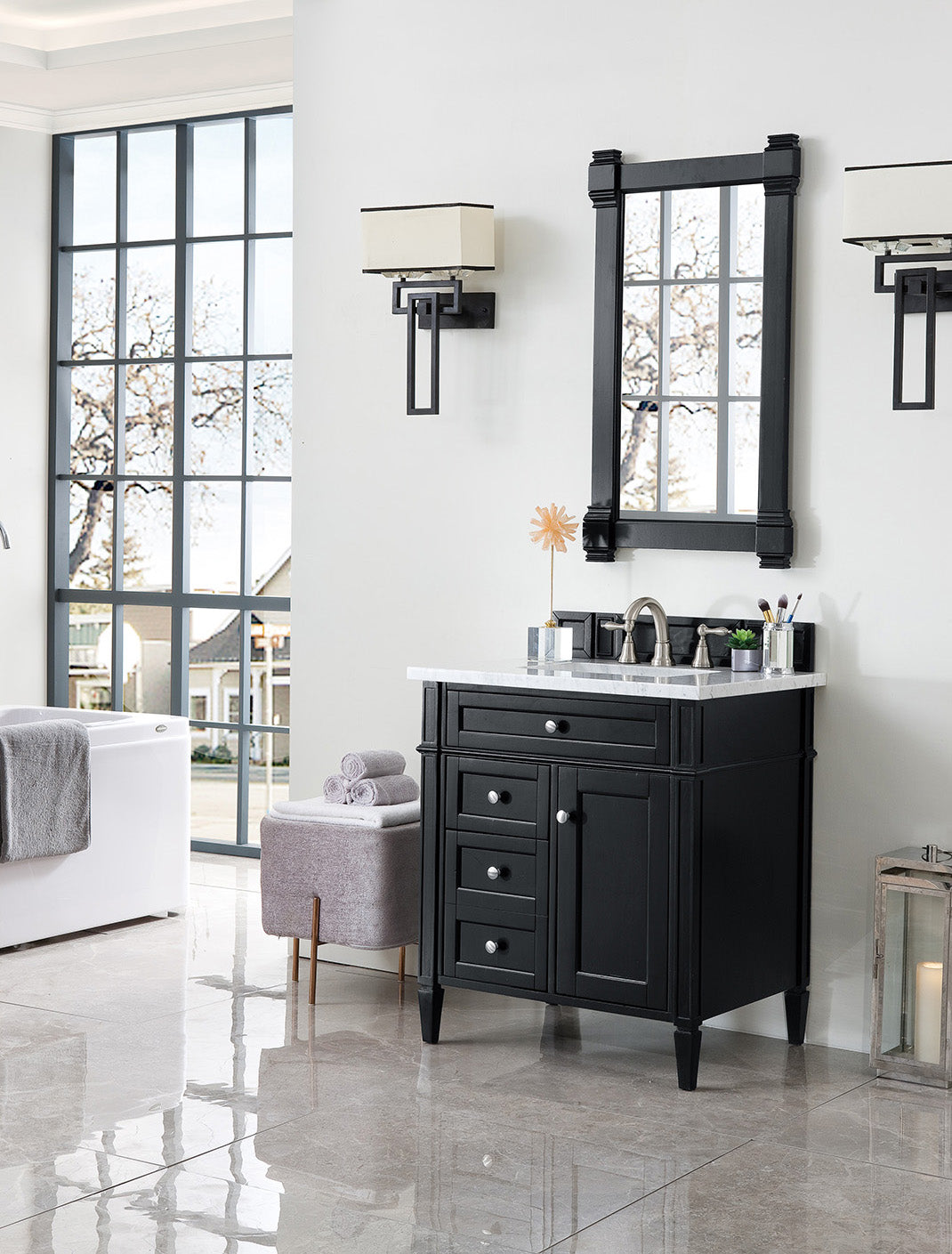 Brittany 30-Inch Single Bathroom Vanity in Black Onyx with 3CM Carrara Marble Top - Perfect for Modern Master Bathrooms and Powder Rooms