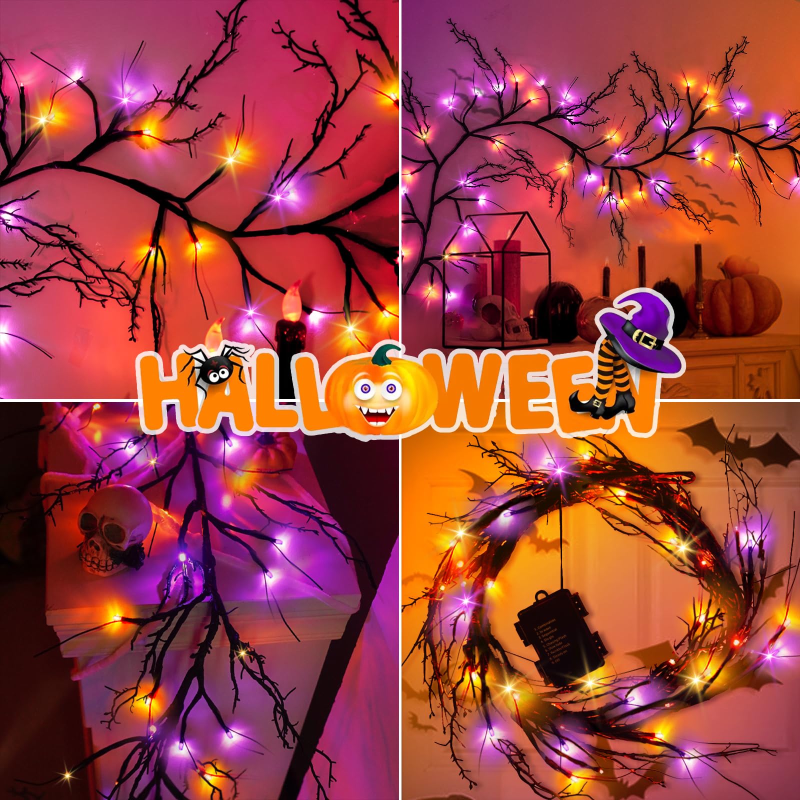 8 Modes & Timer Thanksgiving LED Willow Vine Garland - 6FT Orange Purple Twig Lights for Halloween, Home, Indoor Wall & Fireplace Decor | Perfect for Holiday Parties & Cozy Seasonal Ambiance