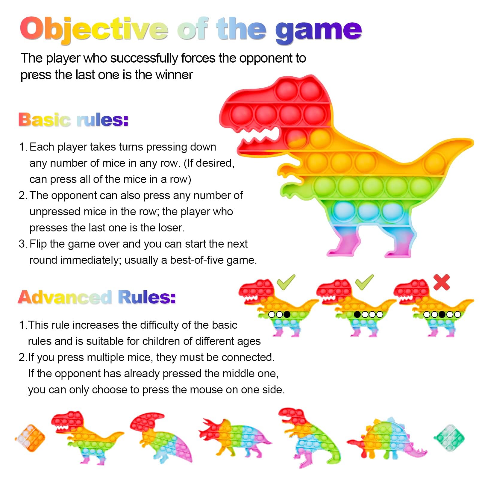 Dinosaur Pop Fidget Toys Set - 7 Pack Silicone Rainbow Sensory Stress Relief Toys for Kids & Adults with ADHD, Autism - Squeeze Popper for Anxiety, Focus & Classroom Use