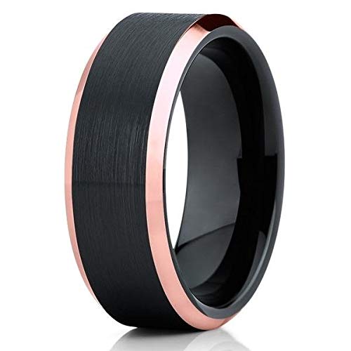 Rose Gold Tungsten Wedding Band for Men & Women - Black Tungsten Carbide Ring with 18k Rose Gold Plating - Comfort Fit Anniversary Ring for Couples - Perfect for Weddings, Engagements & Special Occasions