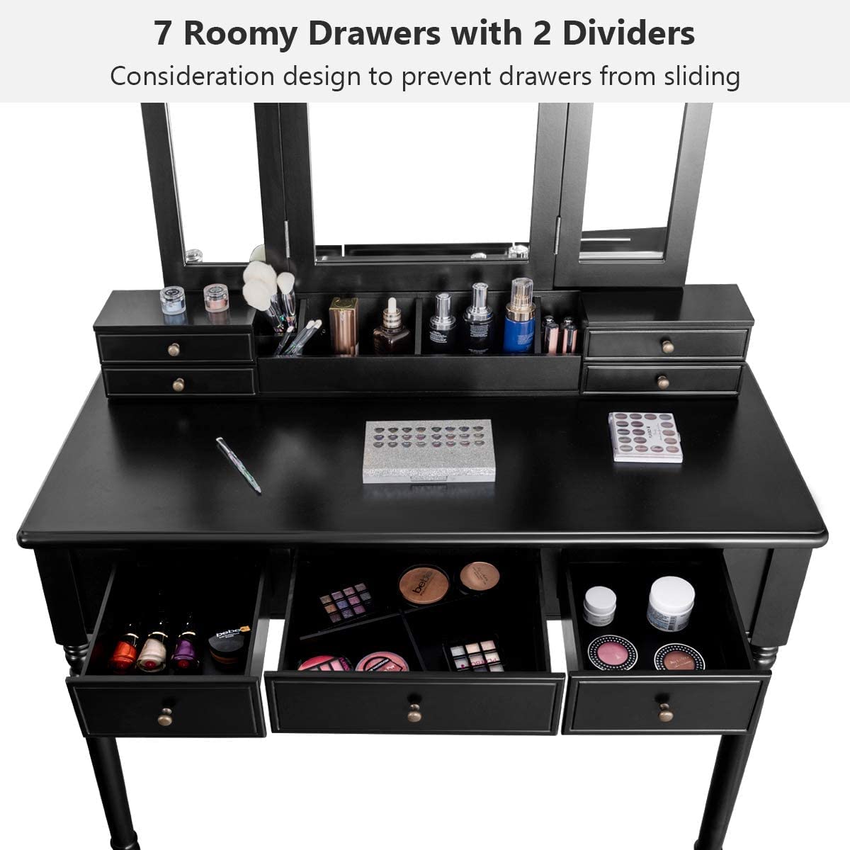 Byroce Vanity Table Set with Large Tri-Folding Mirrors, Makeup Dressing Table with 7 Drawers, 6 Desktop Organizers & 8 Necklace Hooks - Includes Cushioned Stool & Removable Top in White, Black or Brown (BC-HW66046) - Perfect for Bedroom, Dressing Room & Beauty Salon Organization