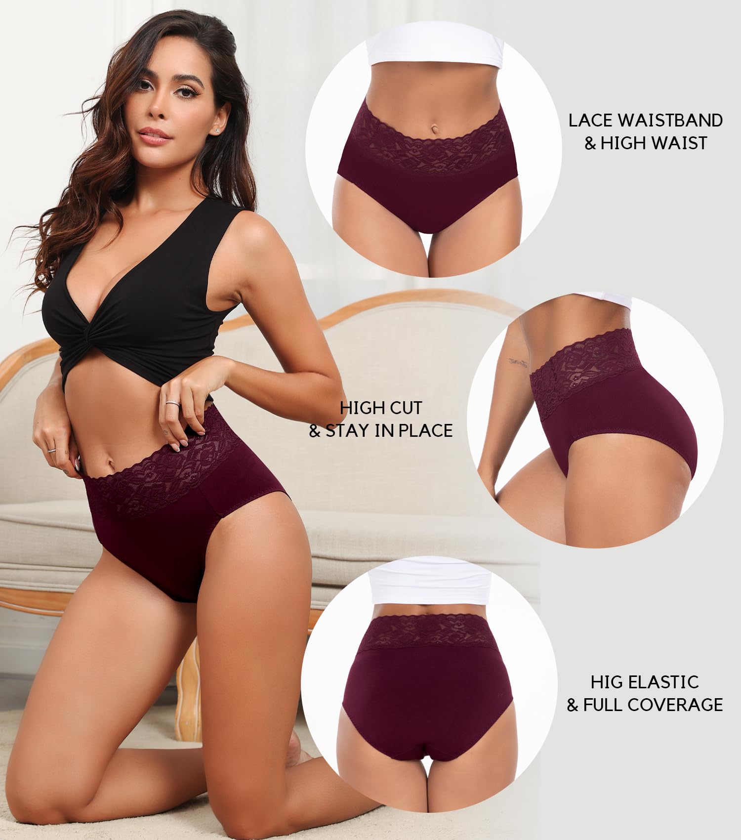 Wealurre Women's Cotton Bikini Panties - High Waisted Lace Hipster Stretch Briefs - 5 Pack Soft Underwear for Everyday Comfort | Perfect for Work, Yoga & Lounge Wear