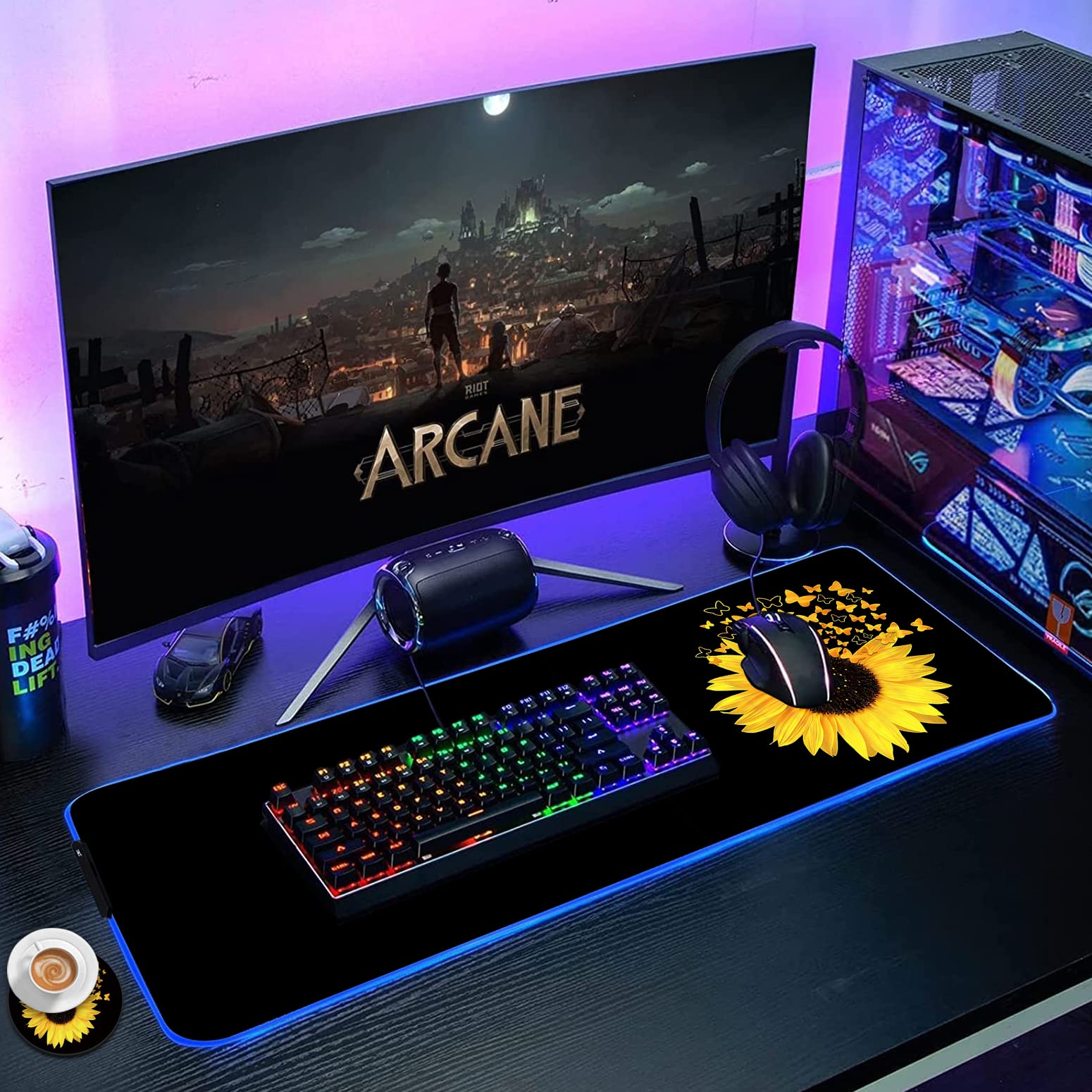 RGB Gaming Mouse Pad - Large LED Light-Up Desk Mat with Non-Slip Waterproof Surface for PC Gaming, Office Work & Home Use | Sunflower Butterfly Design