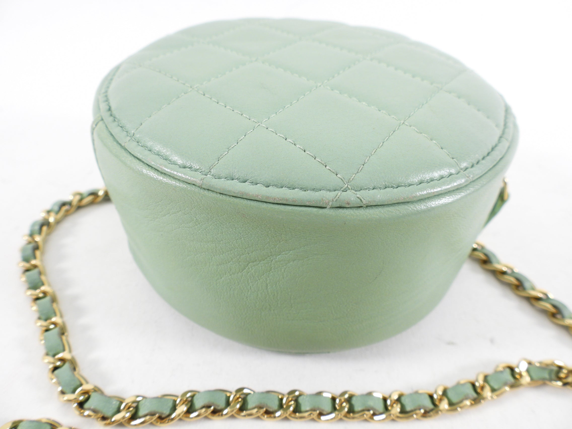 Chanel Mint Green Quilted Leather CC Strass Mini Round Clutch Bag for Women | Luxury Designer Evening Bag for Parties, Weddings & Special Occasions