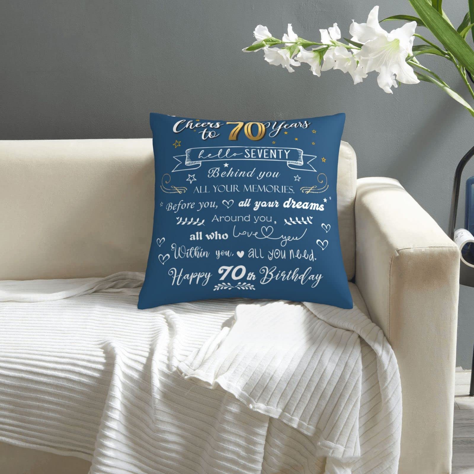 70th Birthday Decorations 1955 - Blue Throw Pillow Covers 18x18 inches - Perfect for Women & Men's 70 Year Old Birthday Party Gifts - Great for Home Decor, Living Room Accents & Milestone Celebrations