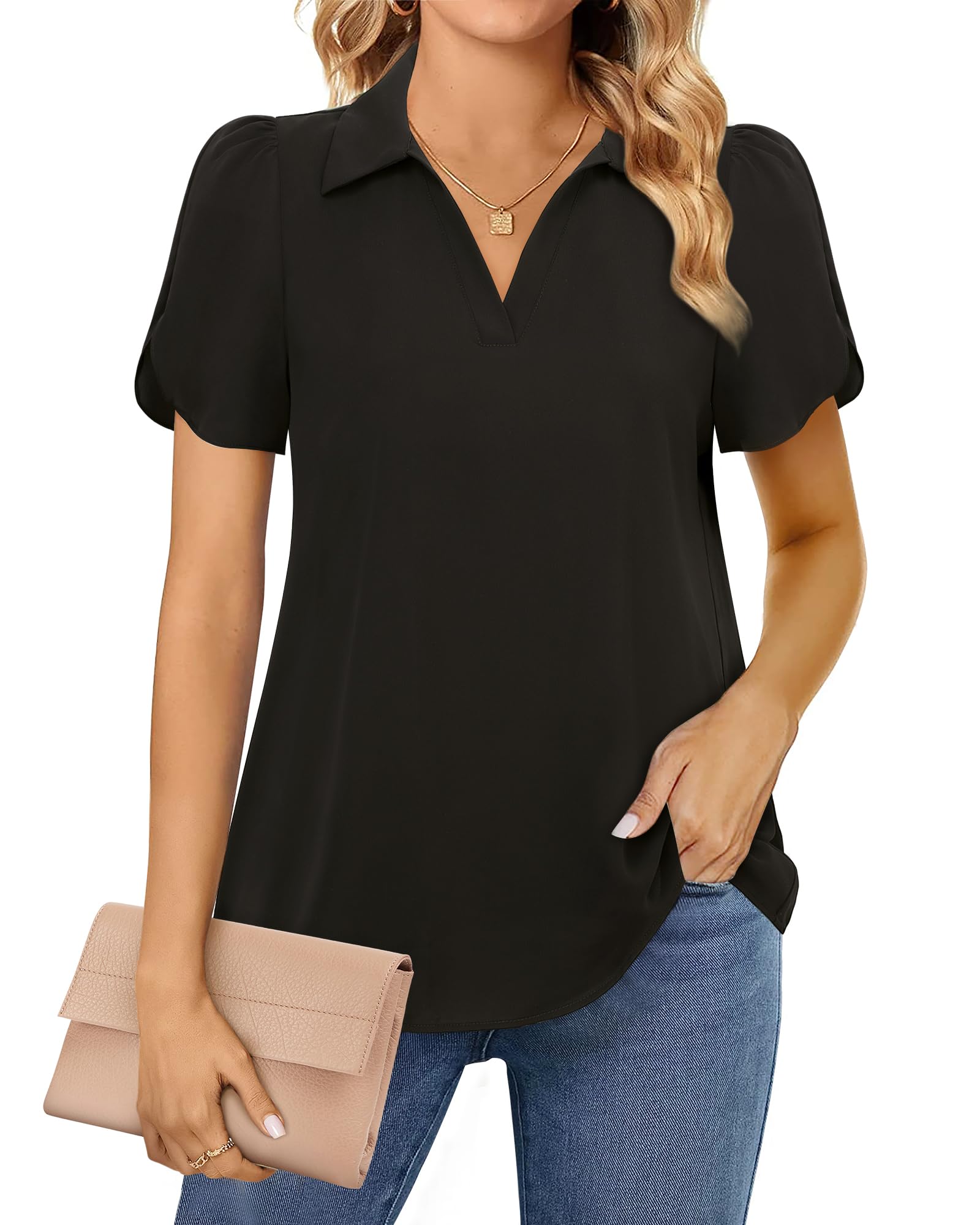 Lotusmile Women's Work Blouses - Puff Short Sleeve Dressy Casual Tops, Loose Chiffon Collared V-Neck Dress Shirt for Office, Business Meetings & Summer Outfits