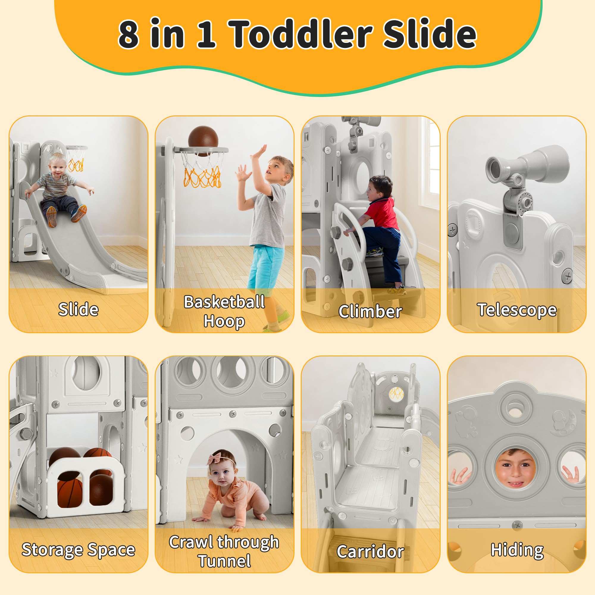 8-in-1 Toddler Slide Playset for Kids Ages 1-3 | Indoor/Outdoor Baby Slide with Basketball Hoop & Telescope | Fun Playground Toy for Toddlers (White) - Perfect for Backyards, Playrooms & Daycare Centers