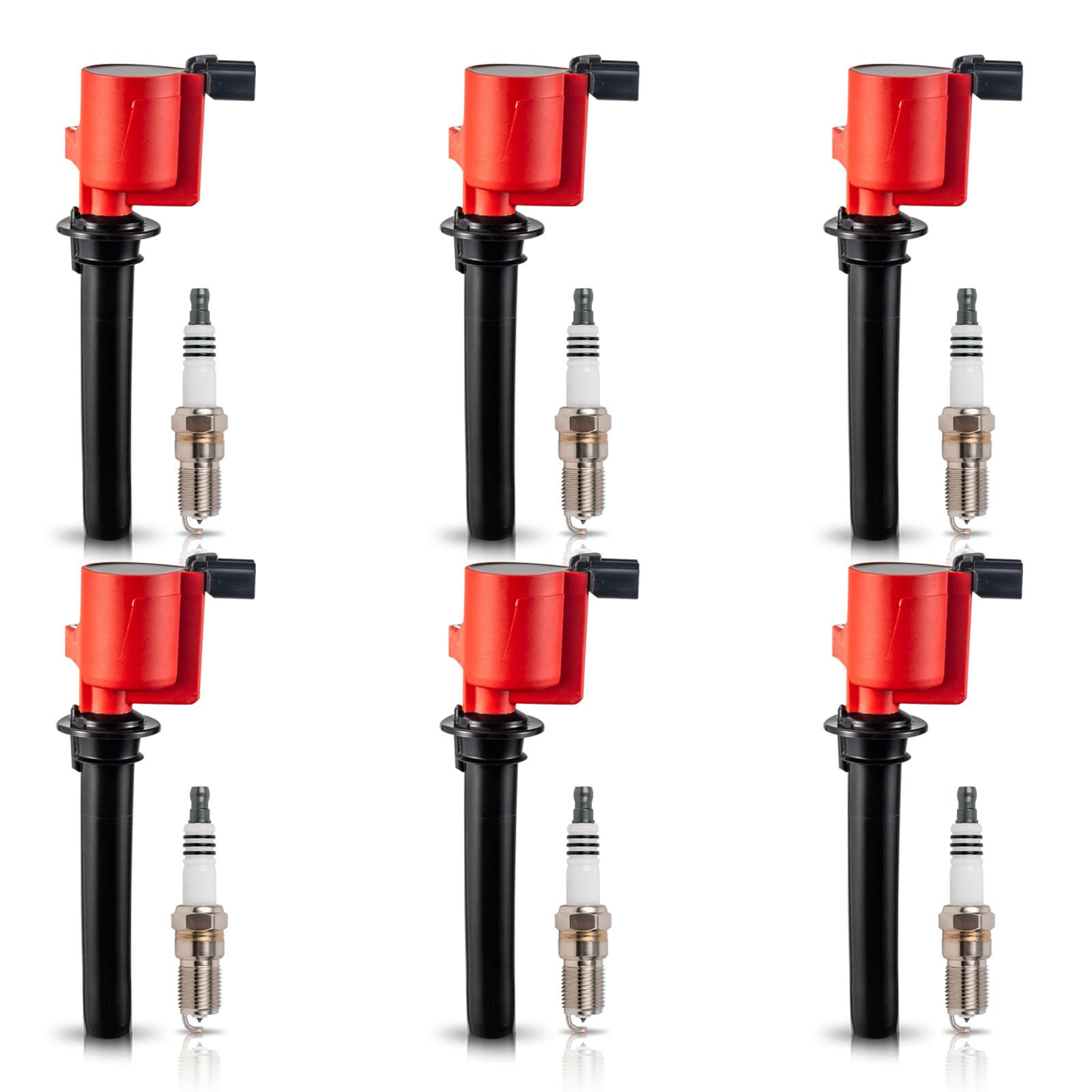 ENA Pack 6 DG500 Red Ignition Coil & SP493 Iridium Spark Plugs Kit - Compatible with 2001-2008 Ford Escape, Freestyle, Taurus, Five Hundred, Mazda Tribute, Mercury Montego 3.0L V6 - High Performance Engine Parts for Smoother Acceleration & Better Fuel Efficiency
