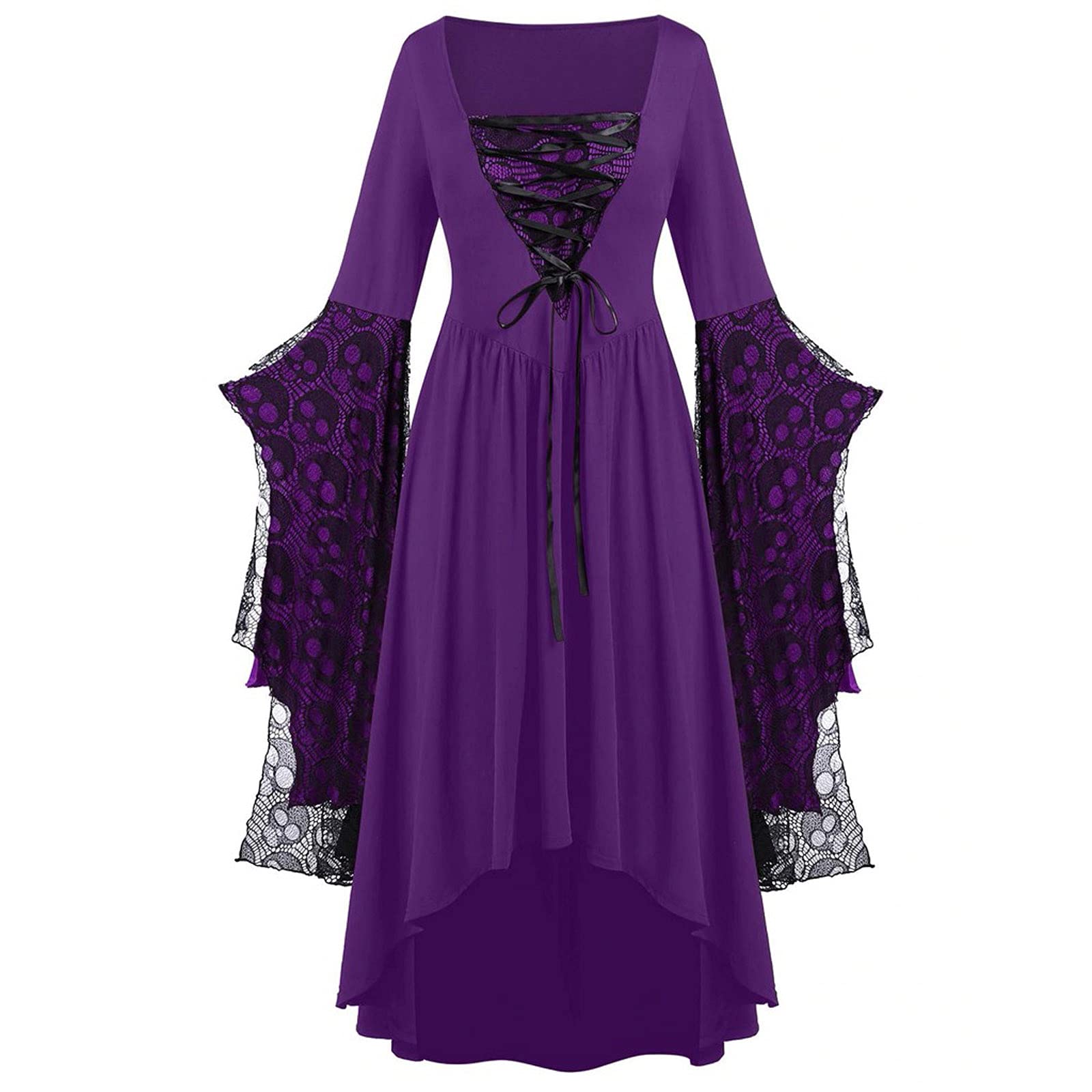 Bell Sleeve Medieval Dress for Women - Steampunk Corset Bandage Dress with Elastic & Lace Skull Design | Perfect for Halloween Costumes, Renaissance Fairs & Gothic Parties