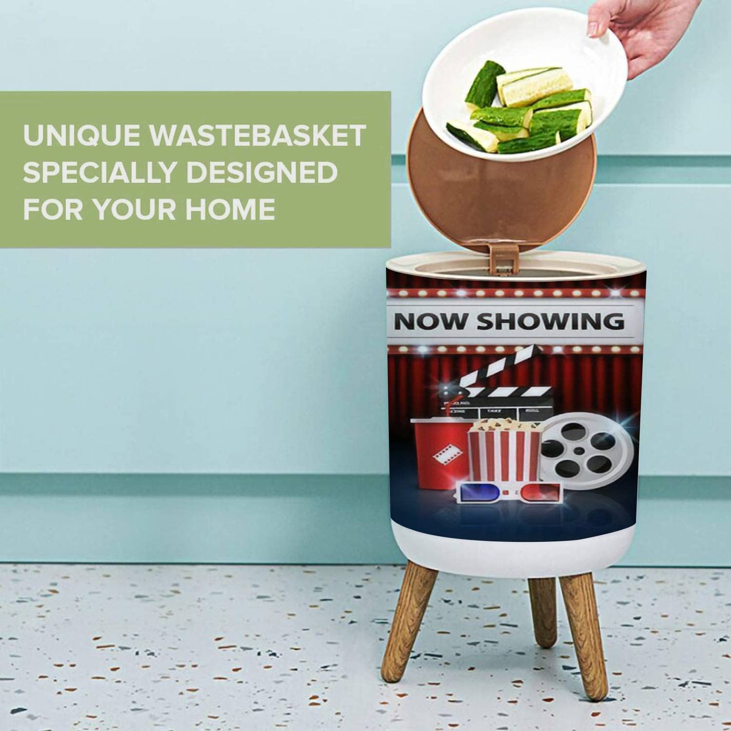 Small Trash Can with Lid - 1.8 Gallon Round Waste Bin with Press Cover, Dog Proof Garbage Bin for Kitchen, Bathroom & Living Room - Perfect for Movie Theaters, Home Cinemas and Red Curtain Decor
