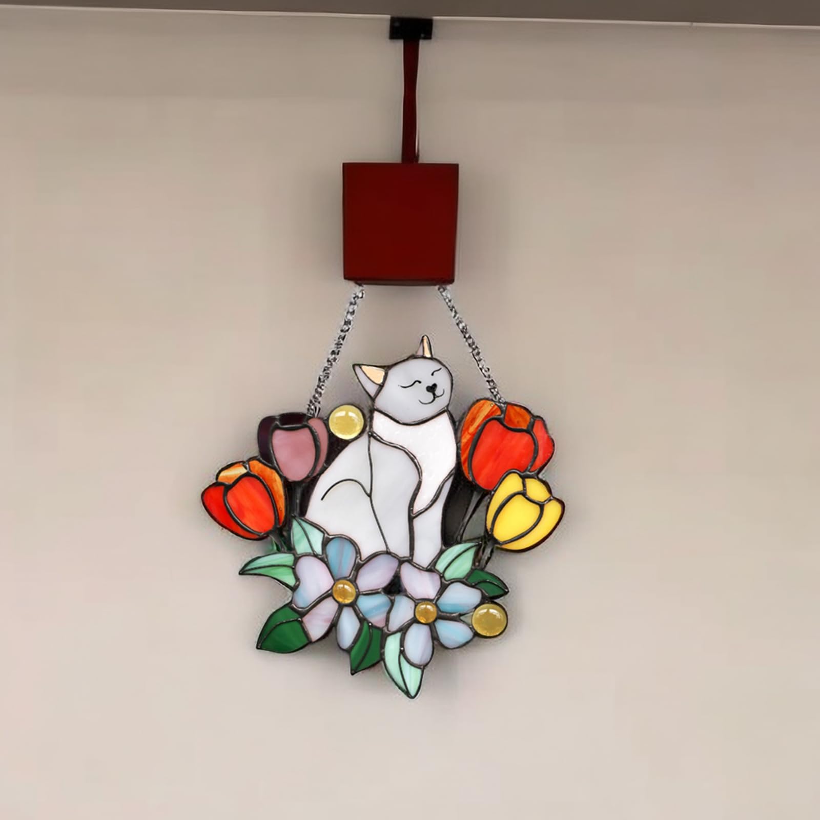 Handmade Cat Suncatchers Decor - Stained Glass Window Hangings with Floral Designs for Cat Lovers | Perfect for Home, Office, Patio & Gift Giving - Creates Beautiful Rainbow Reflections in Sunlight